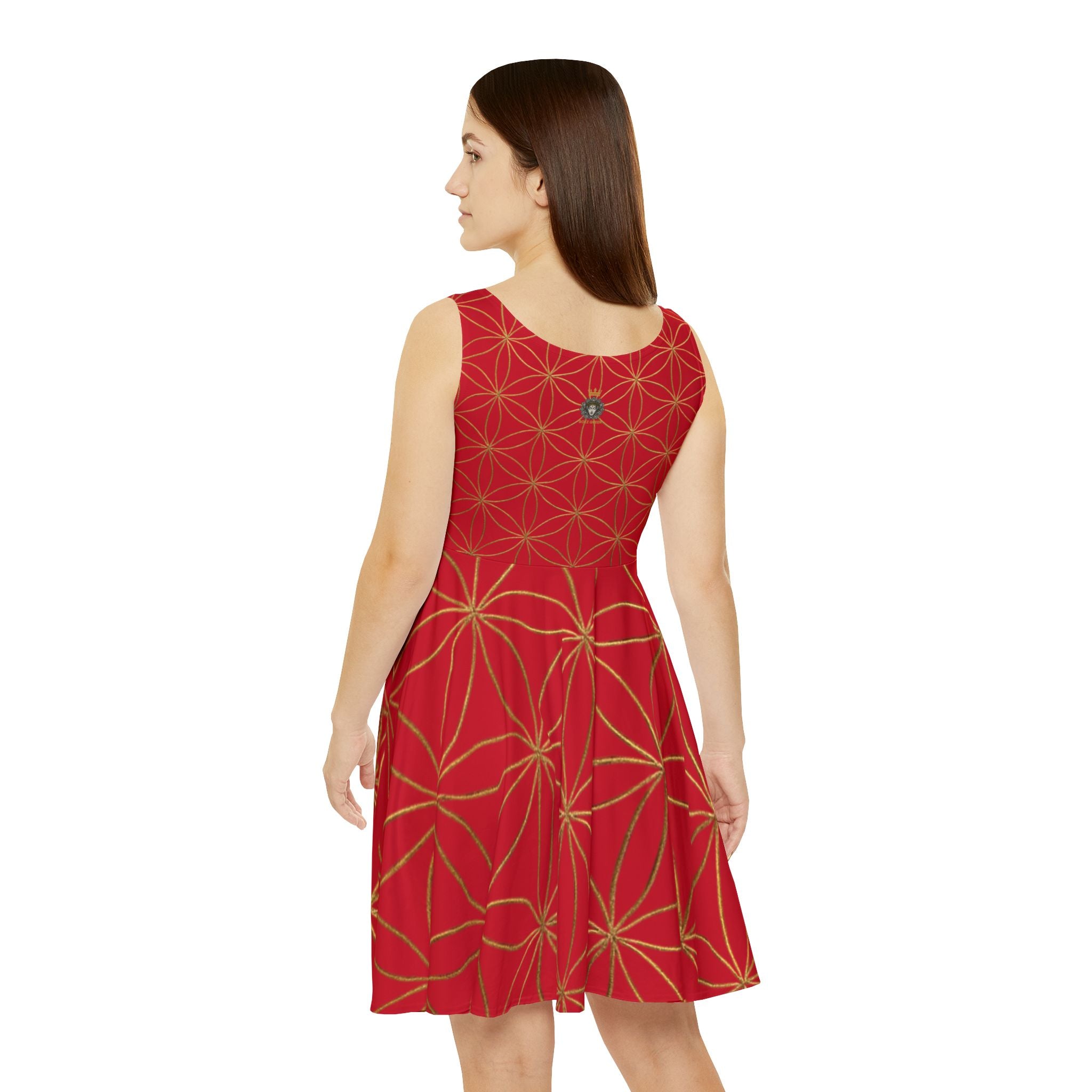 Dark Red Flower of Life Skater Dress - Women's Floral Gold Print Summer Dress