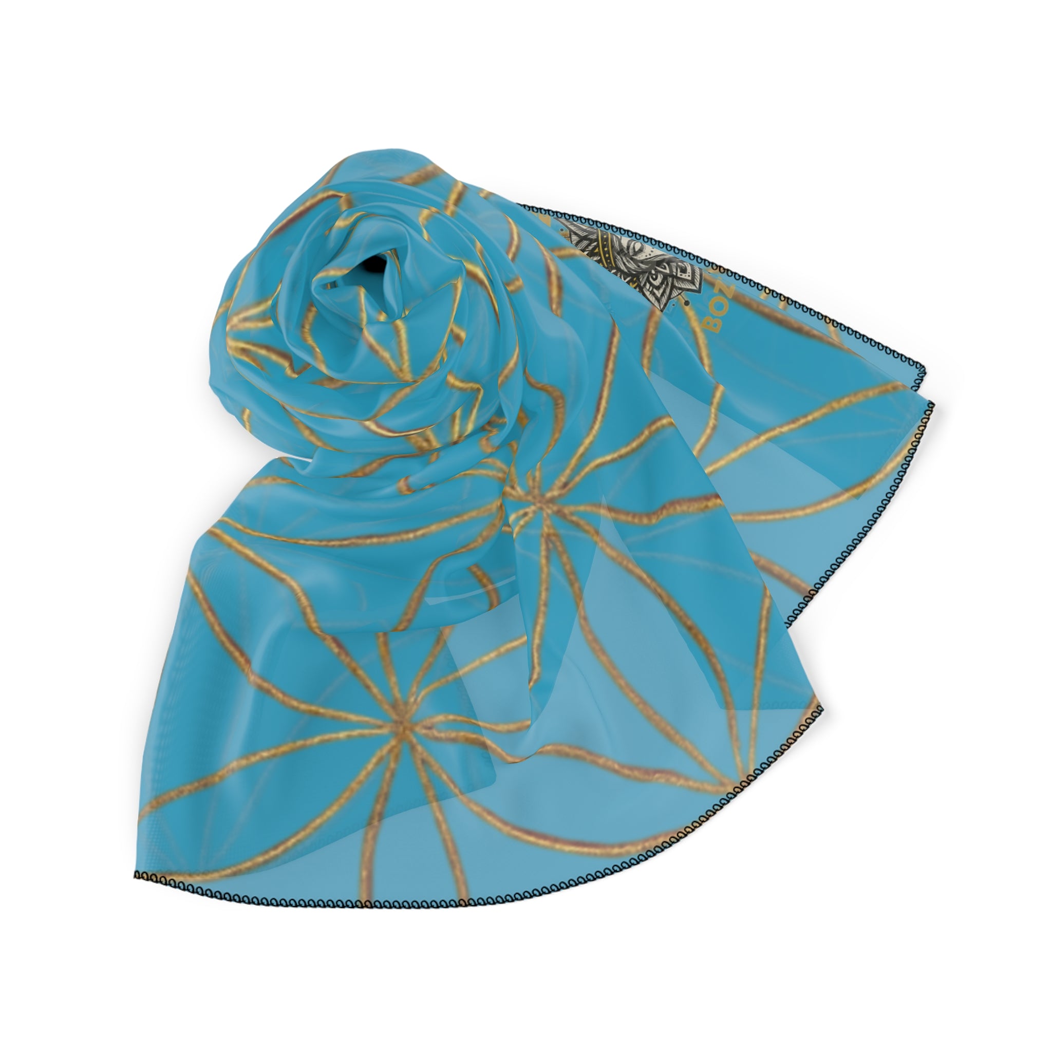 Turquoise and golden Flower of Life Elegant Floral Poly Scarf, Boho Chic Accessory, Perfect for Spring, Mother's Day Gift, Versatile Fashion Scarf, Lightweight Wrap