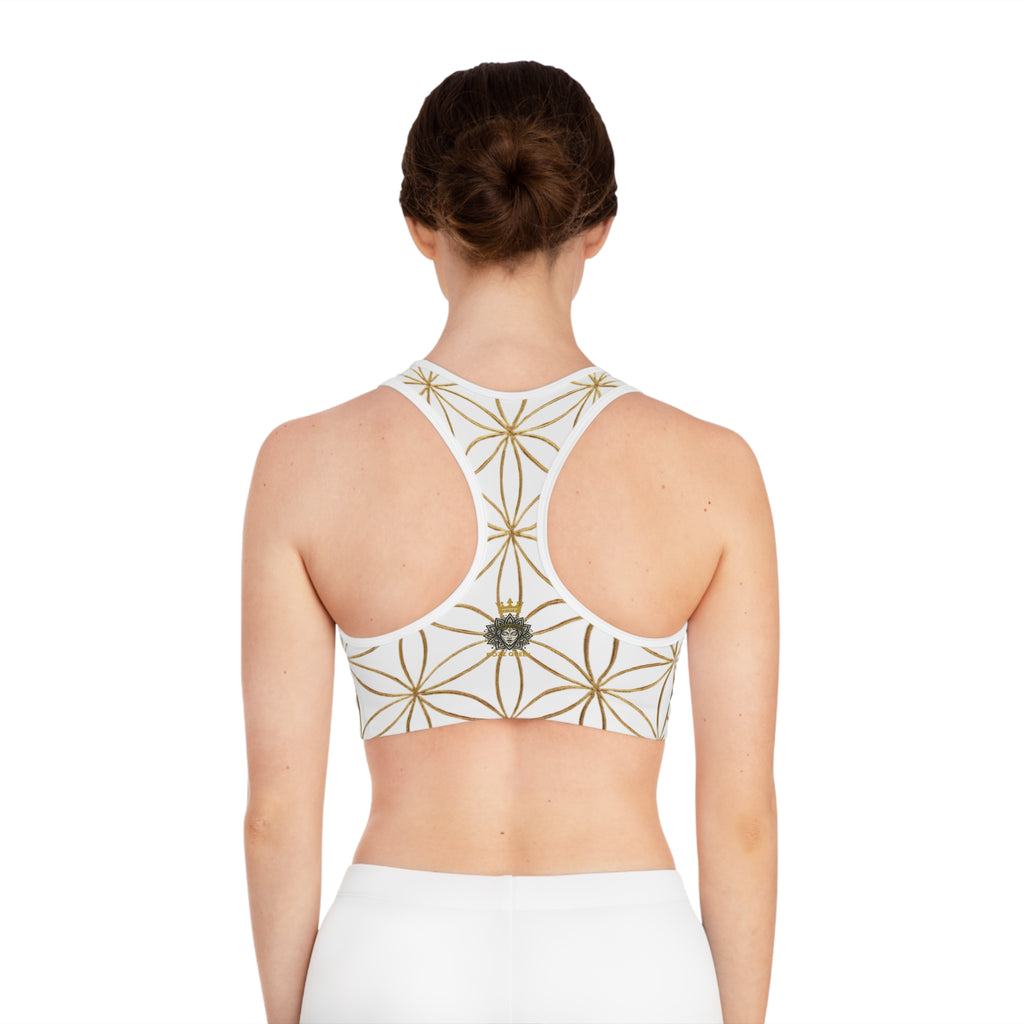 Bozz Queen White & Gold Flower of Life Sports Bra - Yoga Workout Top