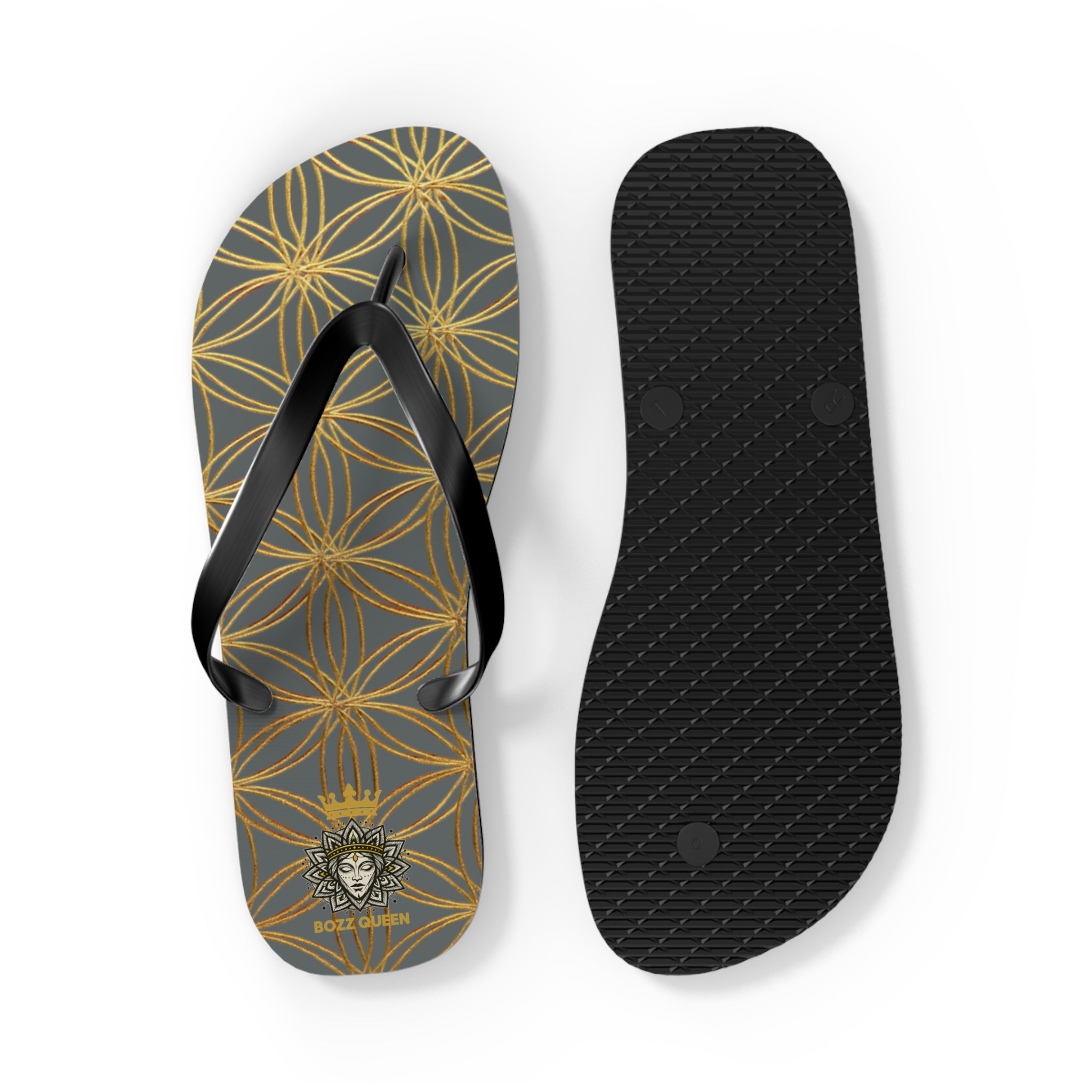 Bozz Queen Dark Grey & Gold Flower of Life Flip Flops - Elegant Beach Sandals