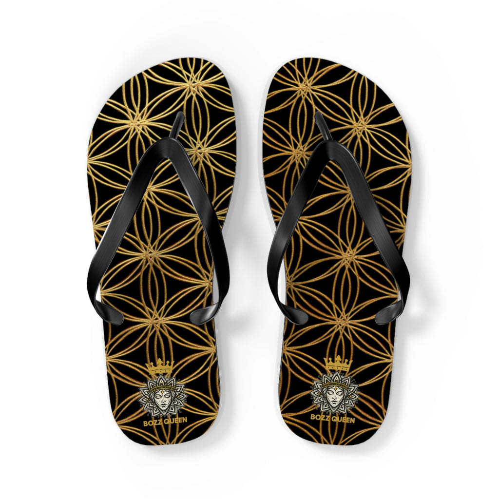 Bozz Queen Black & Gold Flower of Life Flip Flops - Elegant Beach Sandals