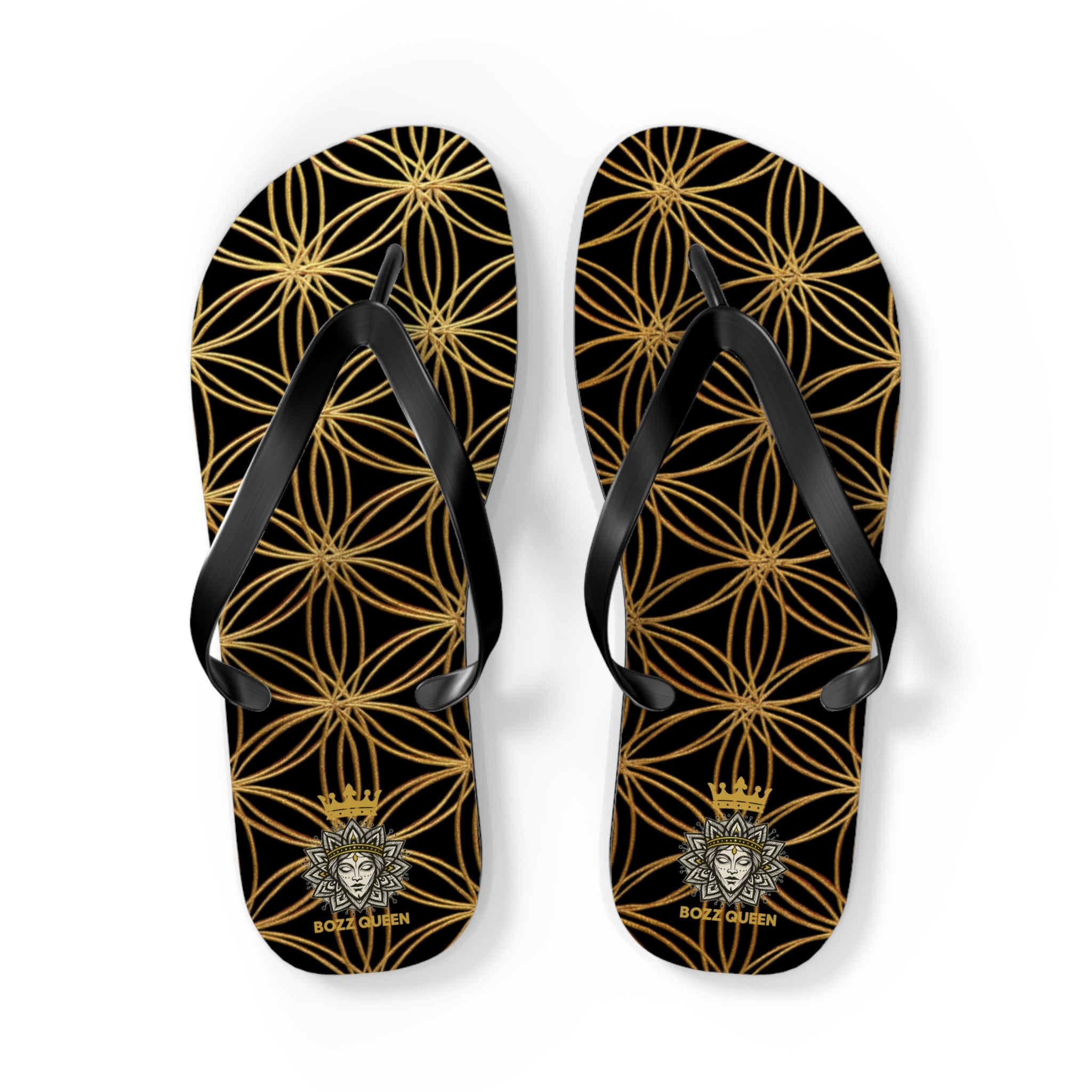 Bozz Queen Black & Gold Flower of Life Flip Flops - Elegant Beach Sandals