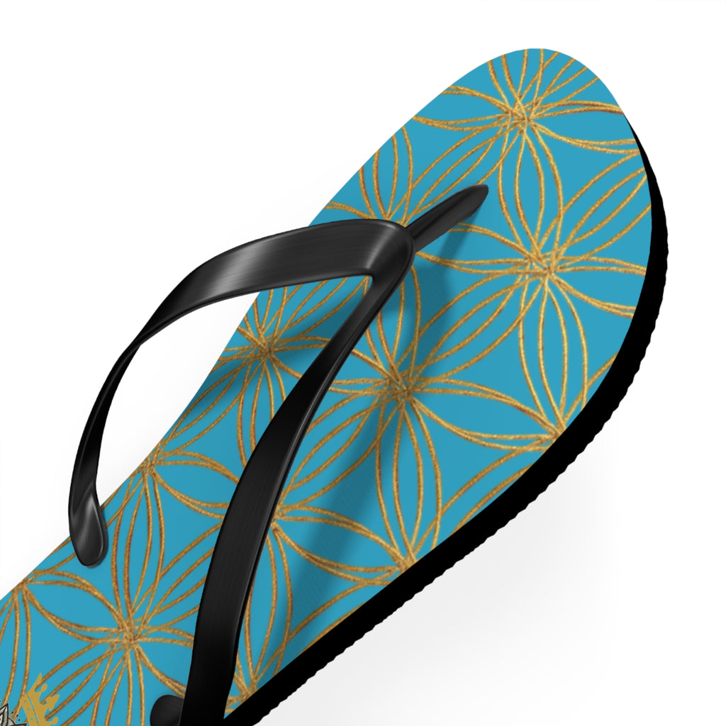 Bozz Queen Turquoise & Gold Flower of Life Flip Flops - Elegant Beach Sandals