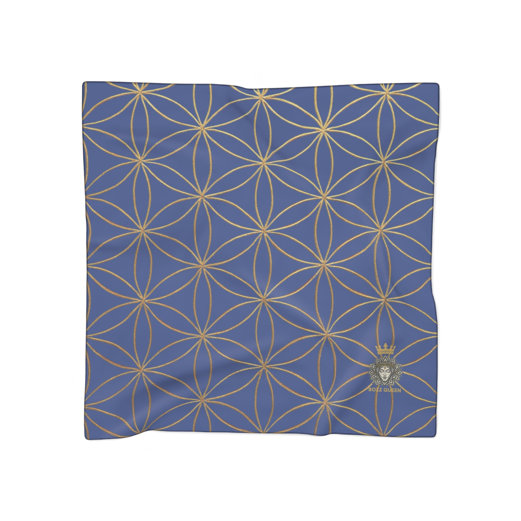 Bozz Queen Flower of Life Scarf - Dark Blue & Gold Elegant Lightweight Poly Scarf