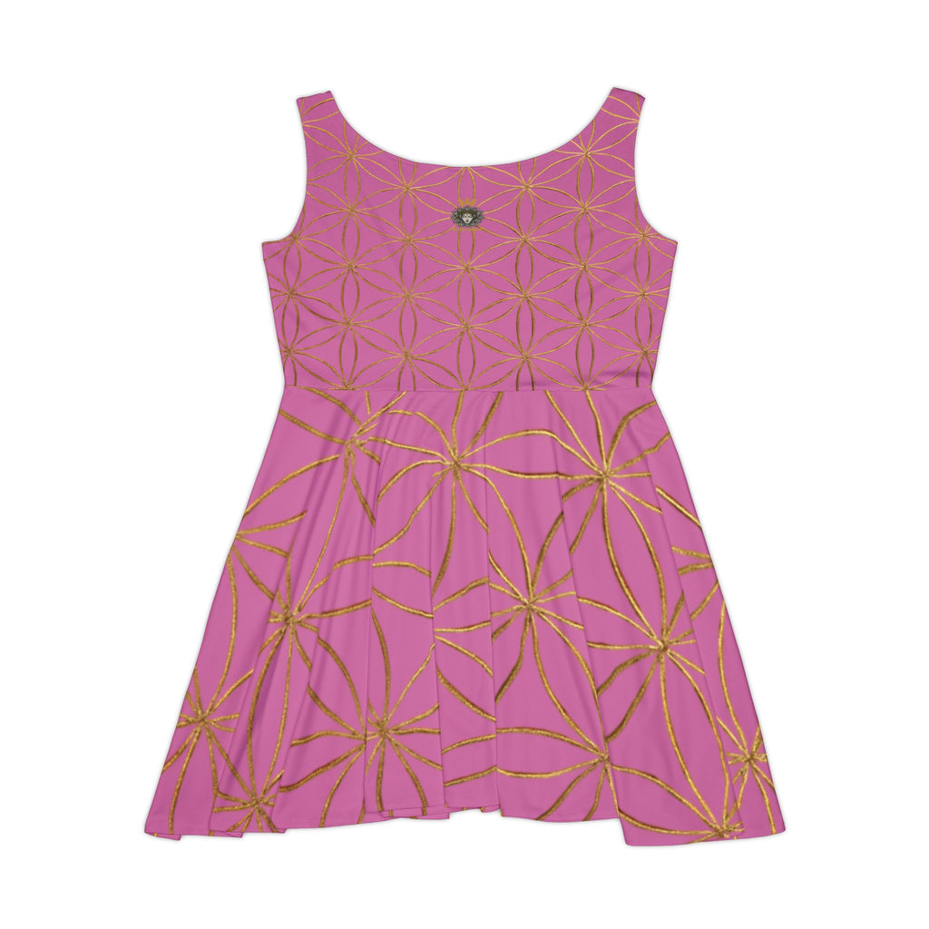 Light Pink Flower of Life Skater Dress - Women's Floral Gold Print Summer Dress