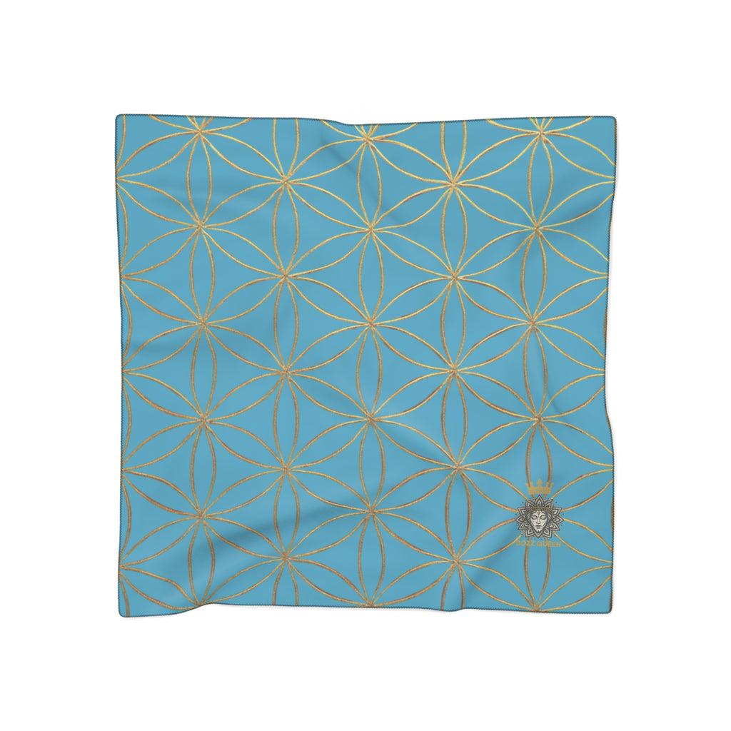 Turquoise and golden Flower of Life Elegant Floral Poly Scarf, Boho Chic Accessory, Perfect for Spring, Mother's Day Gift, Versatile Fashion Scarf, Lightweight Wrap
