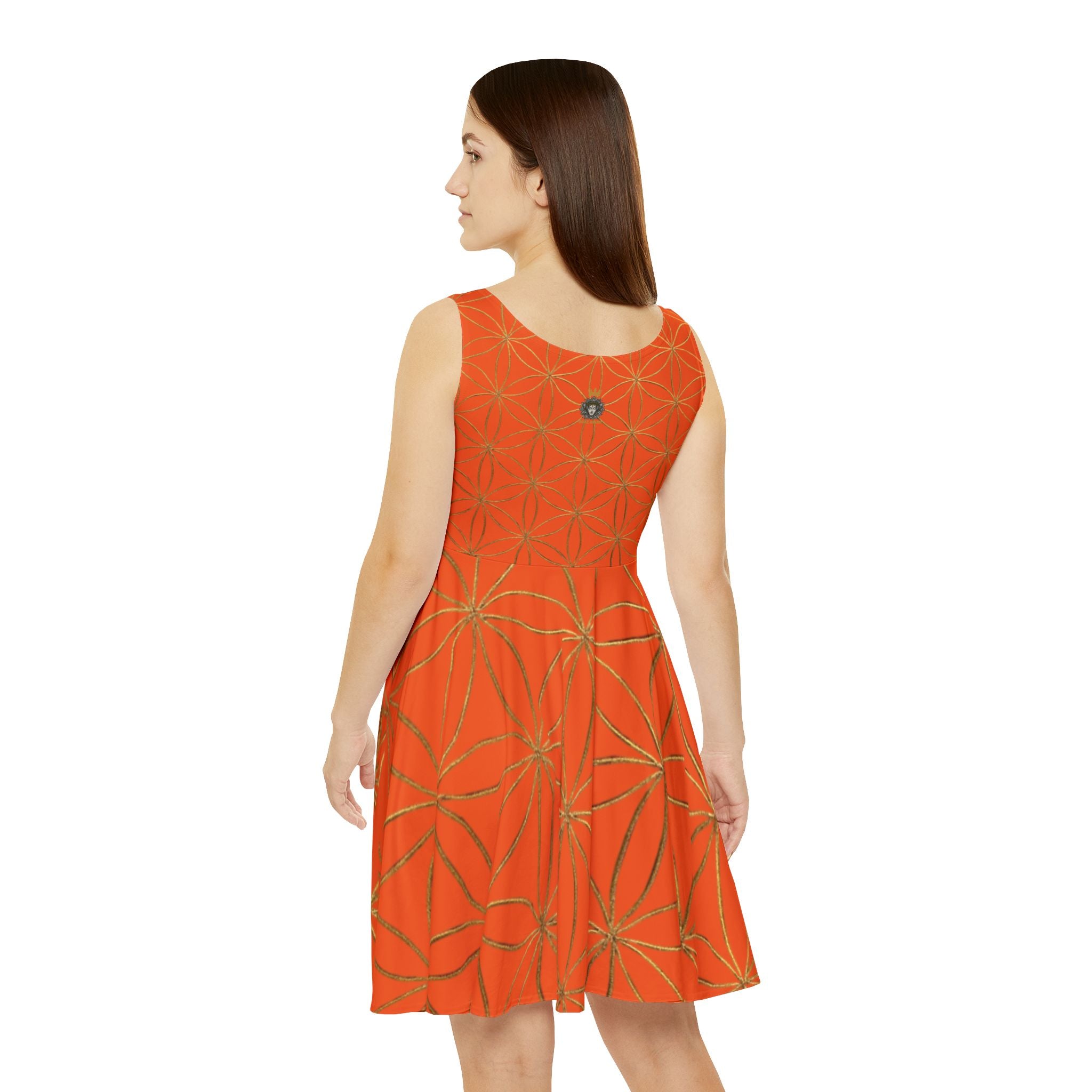 Orange Flower of Life Skater Dress - Women's Floral Gold Print Summer Dress