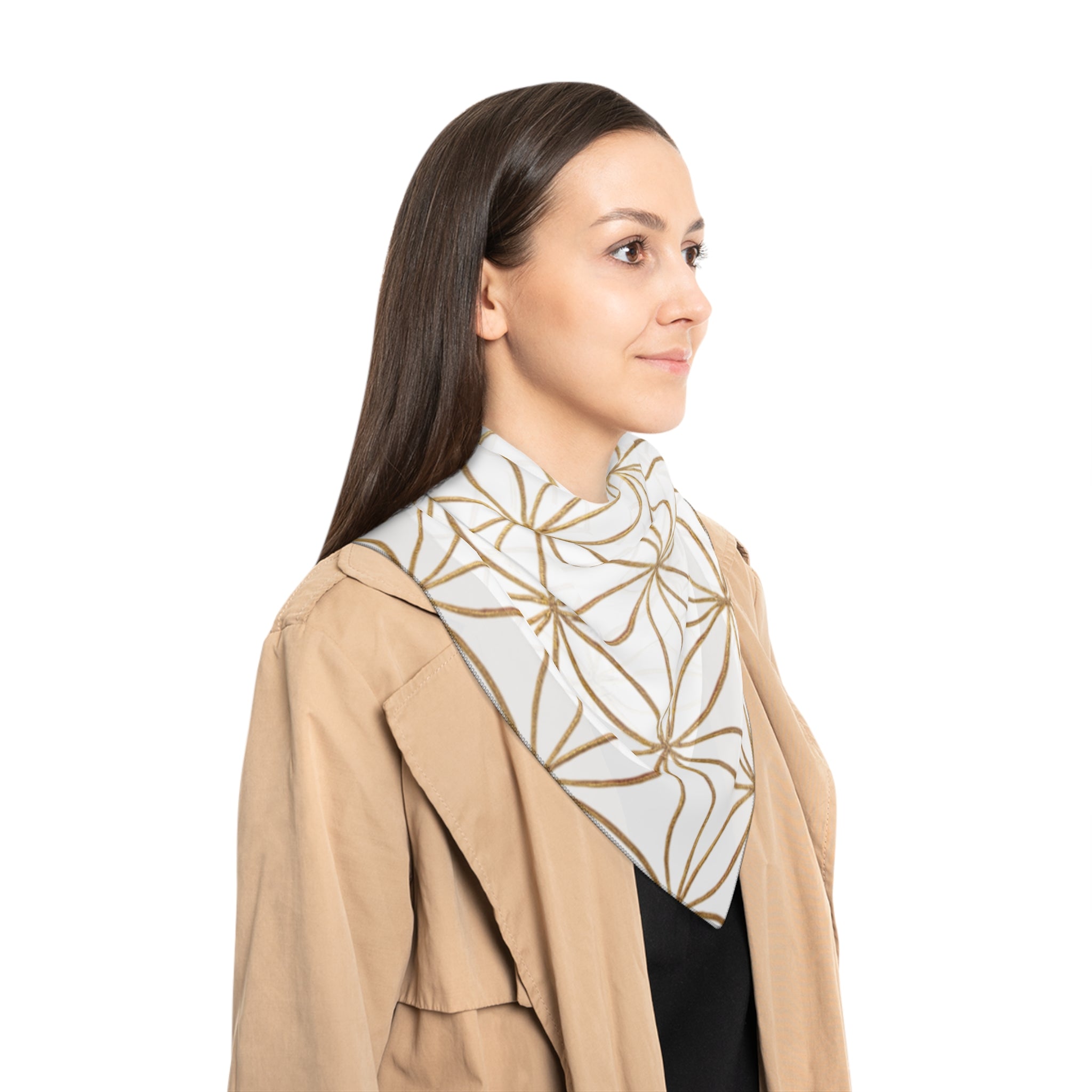 Bozz Queen Flower of Life Scarf - White & Gold Elegant Lightweight Poly Scarf