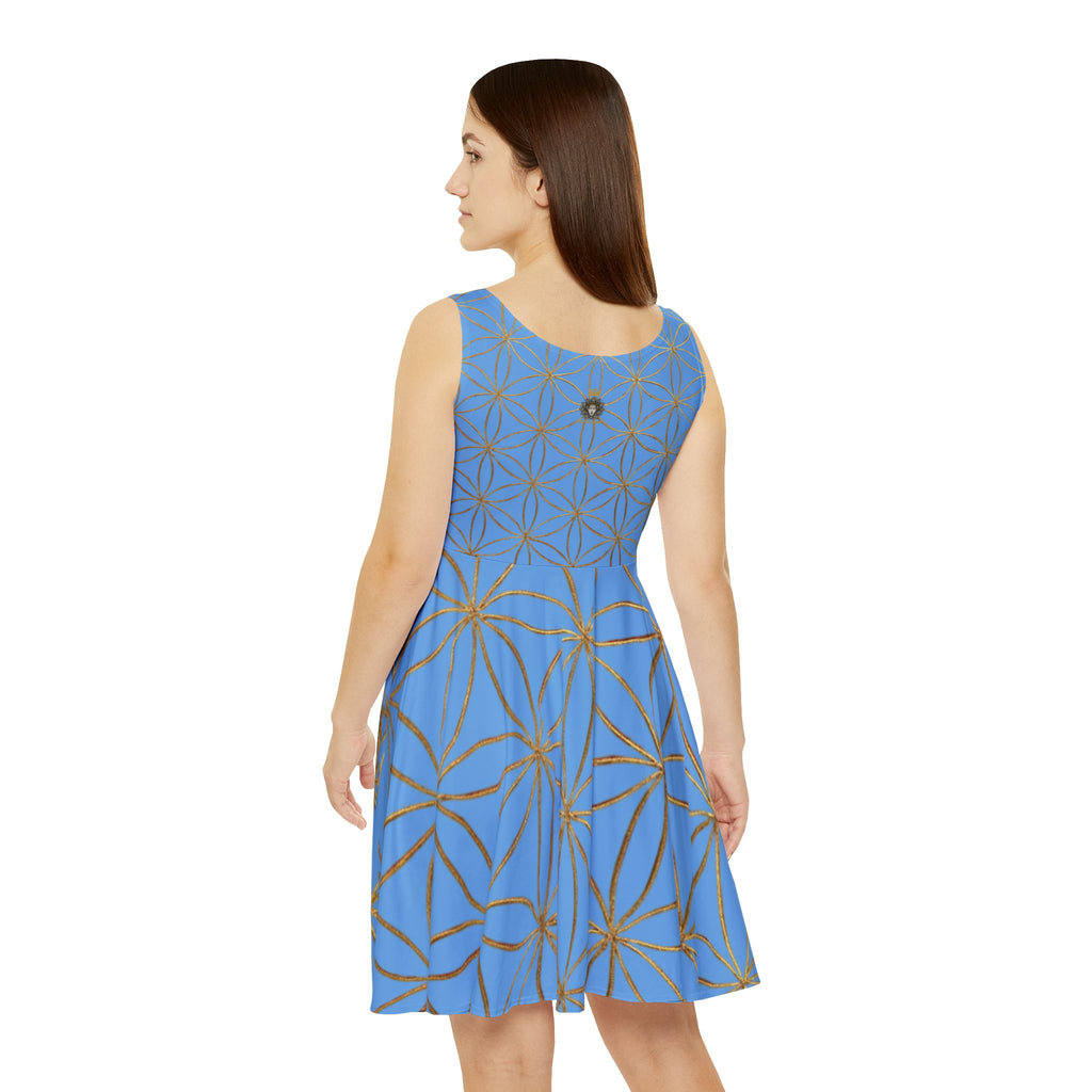 Light Blue Flower of Life Skater Dress - Women's Floral Gold Print Summer Dress
