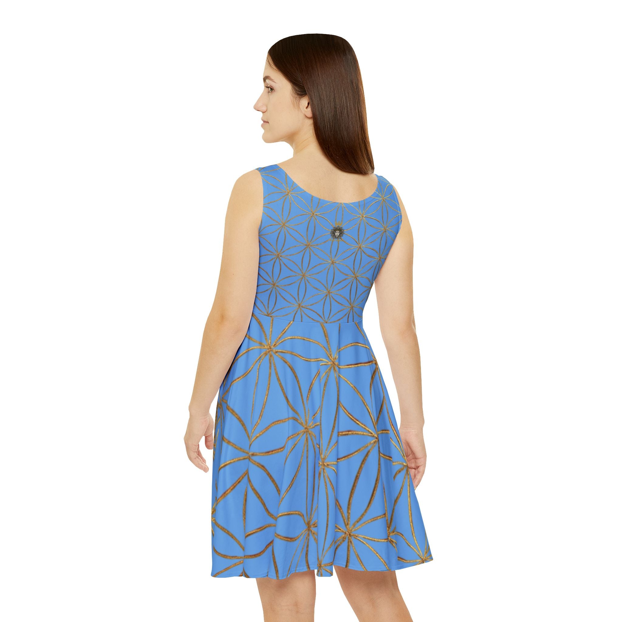 Light Blue Flower of Life Skater Dress - Women's Floral Gold Print Summer Dress