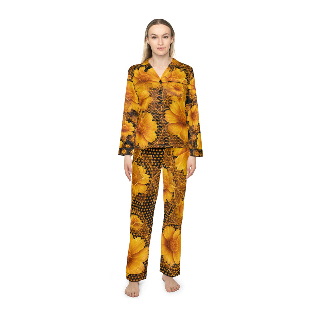 Solar Plexus Chakra Floral Satin Pajamas Set - Luxurious Women's Sleepwear