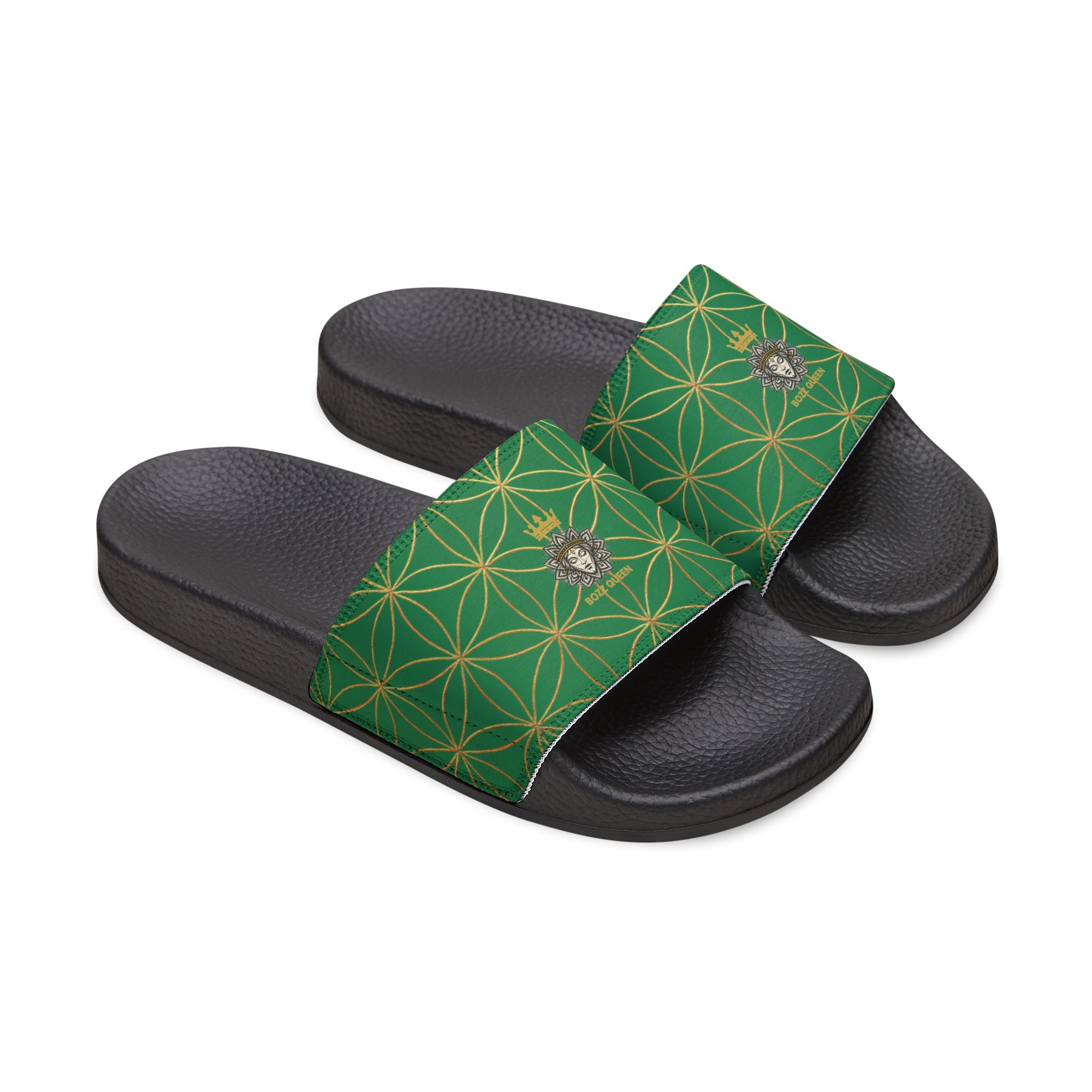 Bozz Queen Dark Green Flower of Life Women's Sandals - Removable Strap Beach Slides