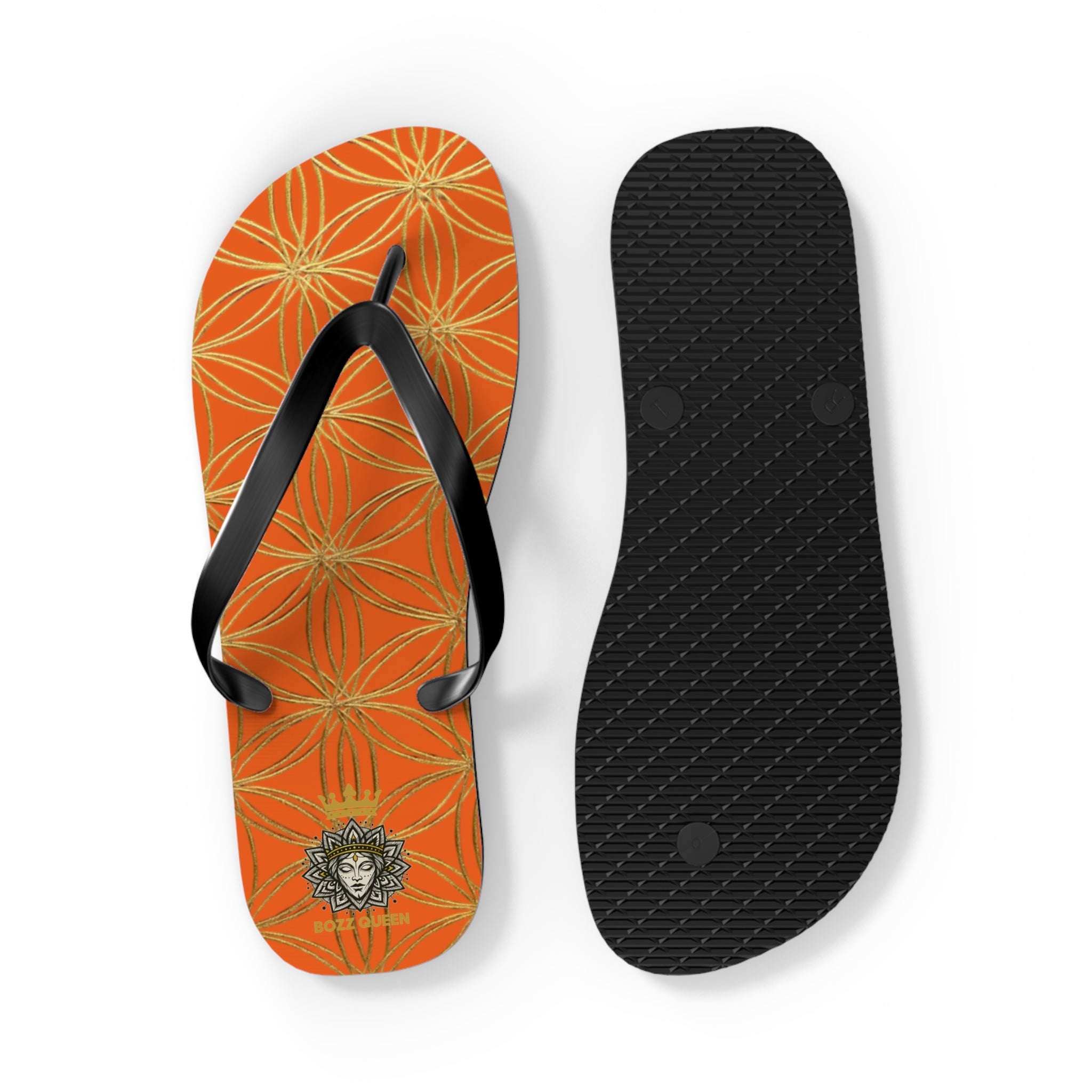 Bozz Queen Orange & Gold Flower of Life Flip Flops - Elegant Beach Sandals