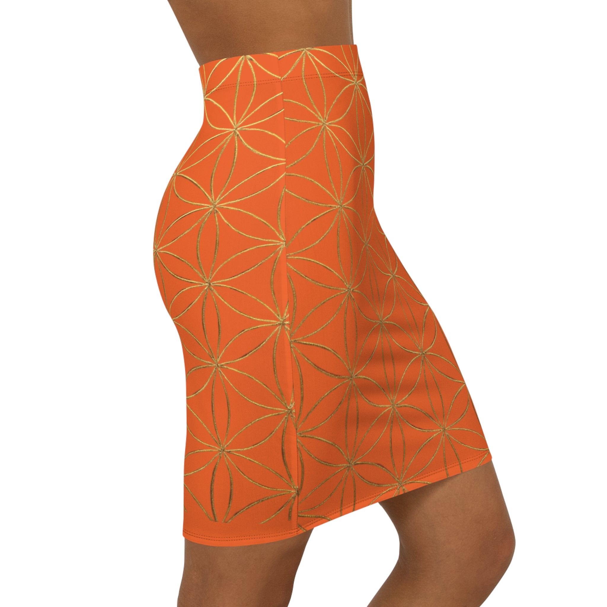Orange Flower of Life Pencil Skirt - Women's Chic Office & Date Night Skirt