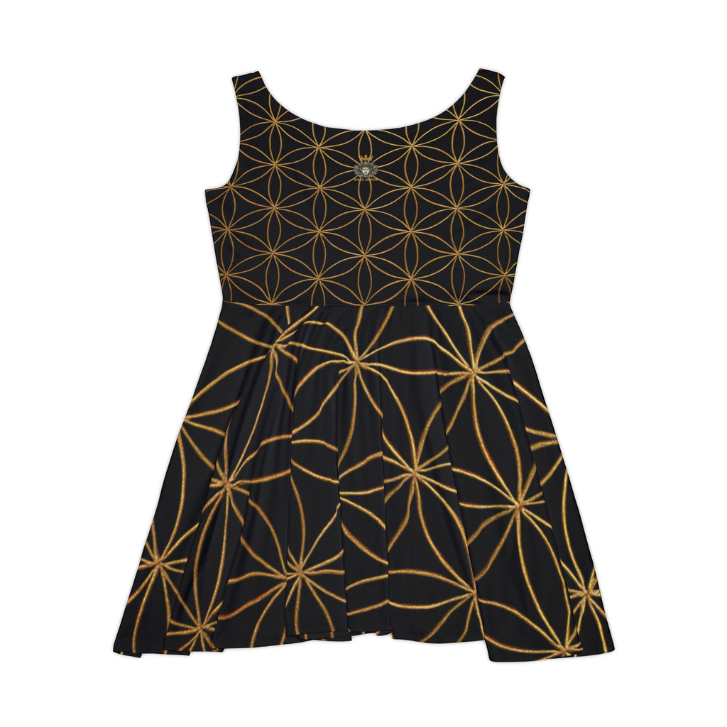 Black Flower of Life Skater Dress - Women's Floral Gold Print Summer Dress