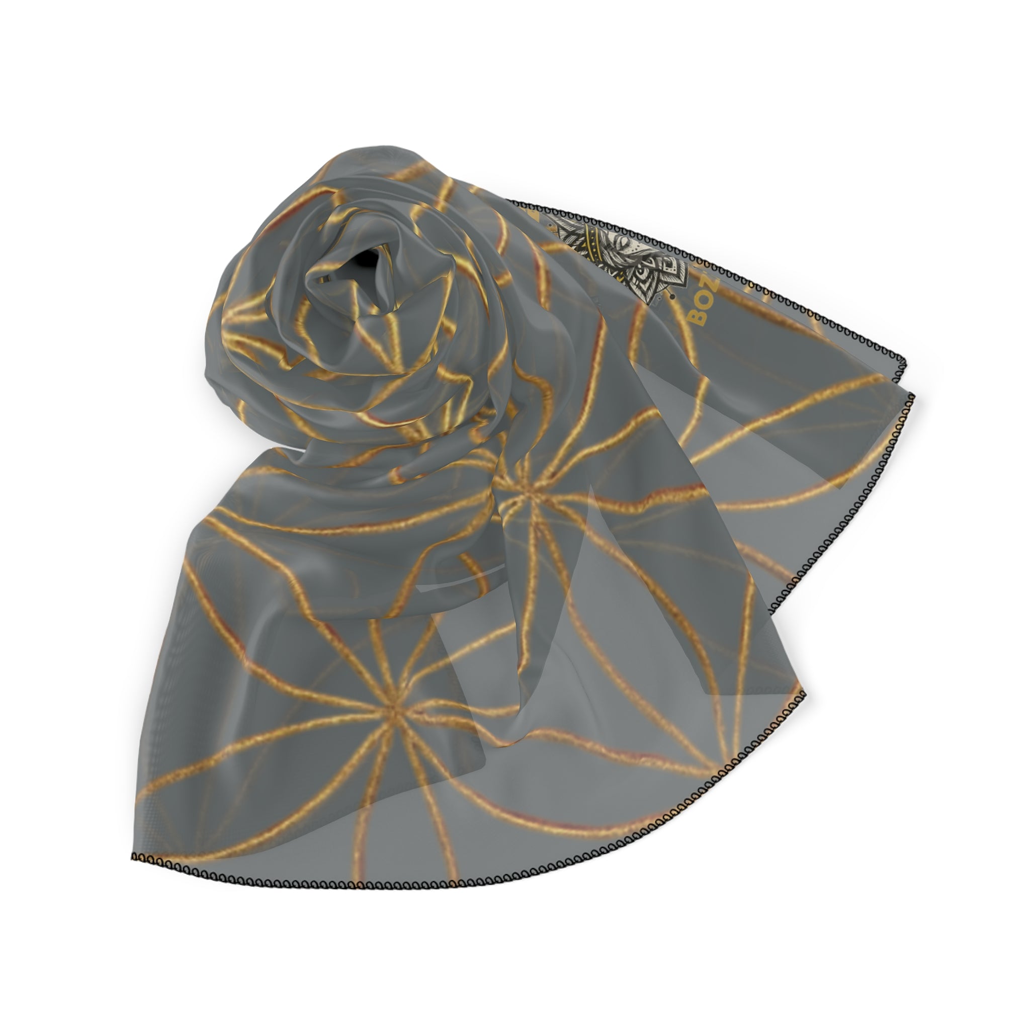 Bozz Queen Flower of Life Scarf - Dark Grey & Gold Elegant Lightweight Poly Scarf