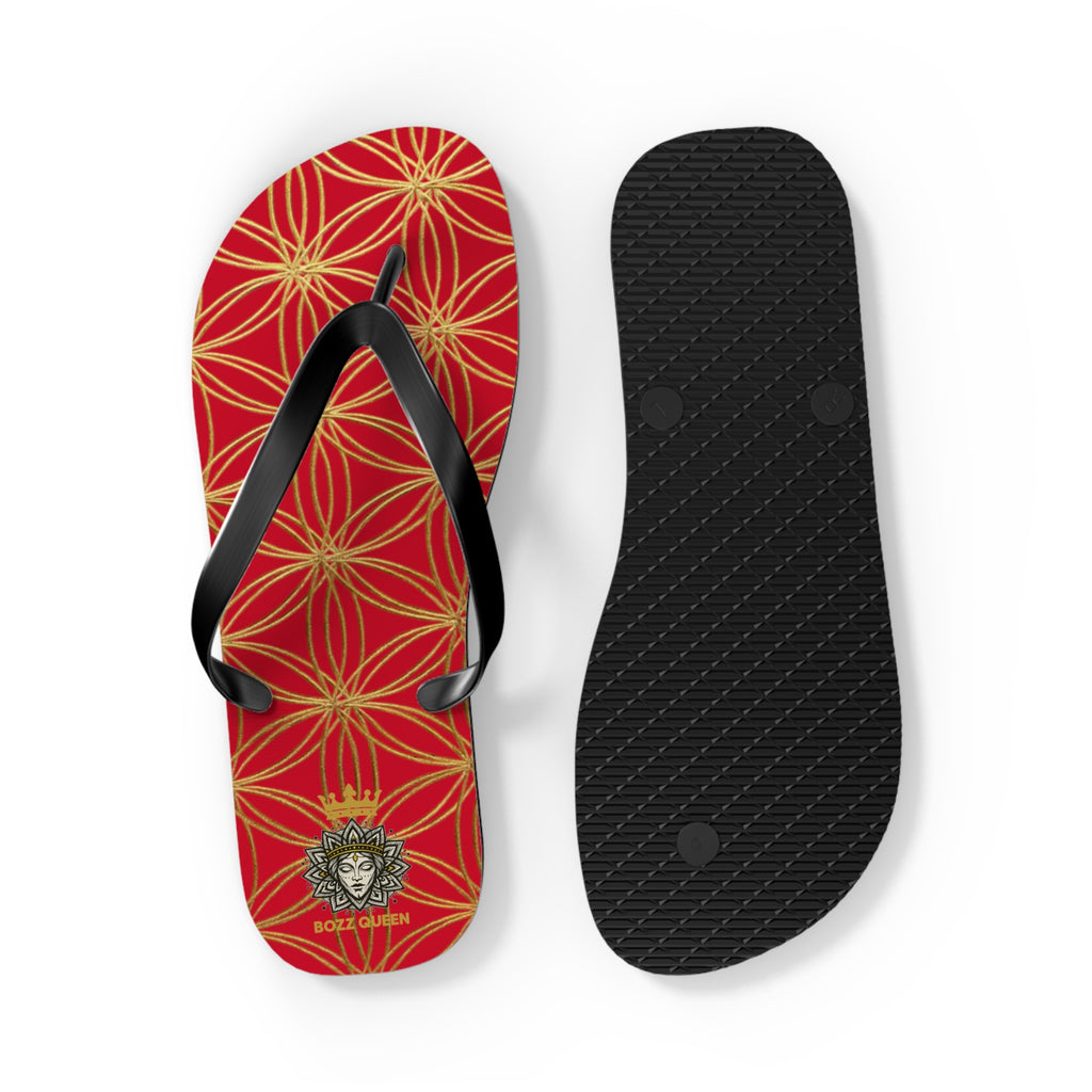 Bozz Queen Dark Red & Gold Flower of Life Flip Flops - Elegant Beach Sandals