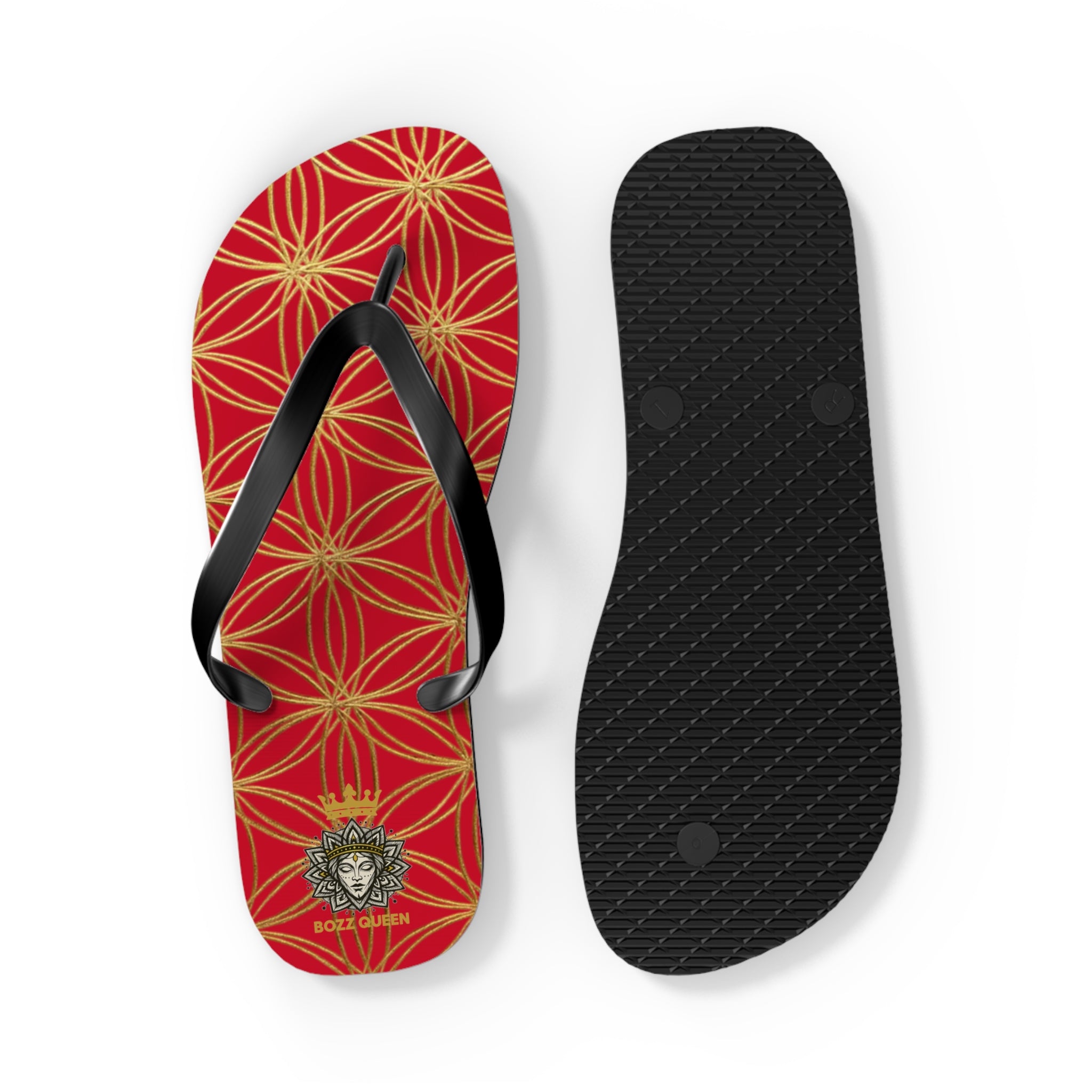 Bozz Queen Dark Red & Gold Flower of Life Flip Flops - Elegant Beach Sandals