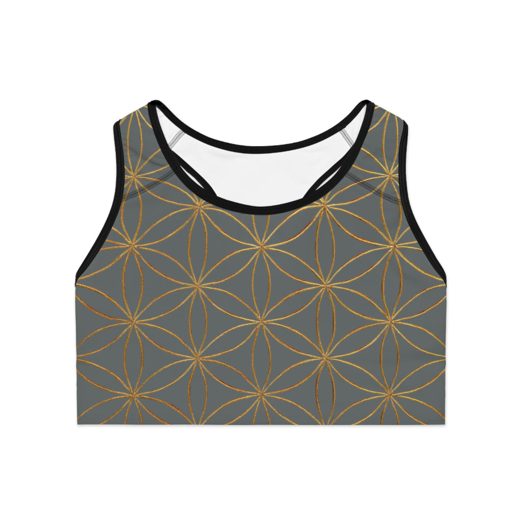 Bozz Queen Dark Grey & Gold Flower of Life Sports Bra - Yoga Workout Top
