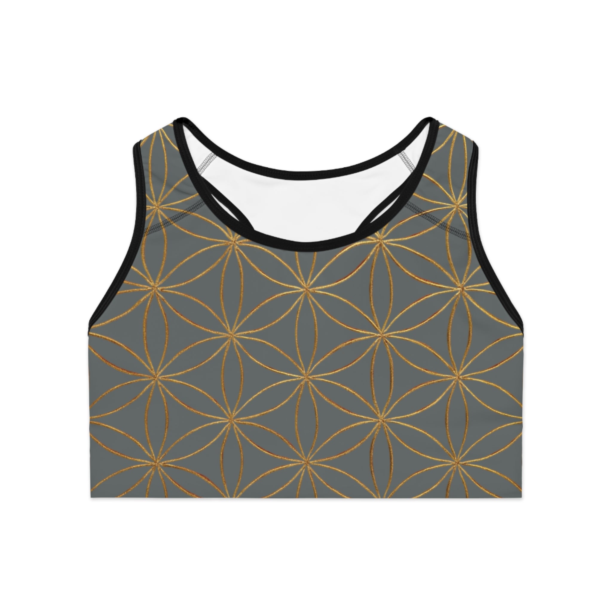 Bozz Queen Dark Grey & Gold Flower of Life Sports Bra - Yoga Workout Top