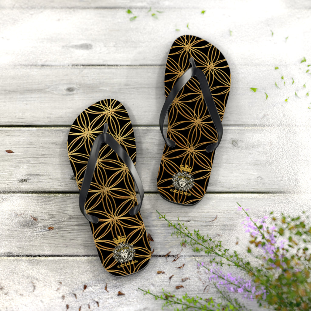 Bozz Queen Black & Gold Flower of Life Flip Flops - Elegant Beach Sandals