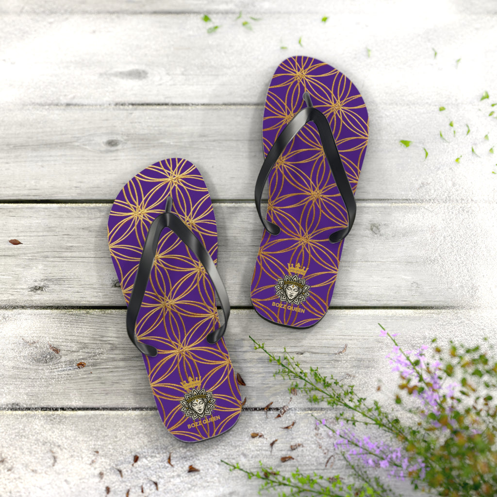 Bozz Queen Purple & Gold Flower of Life Flip Flops - Elegant Beach Sandals
