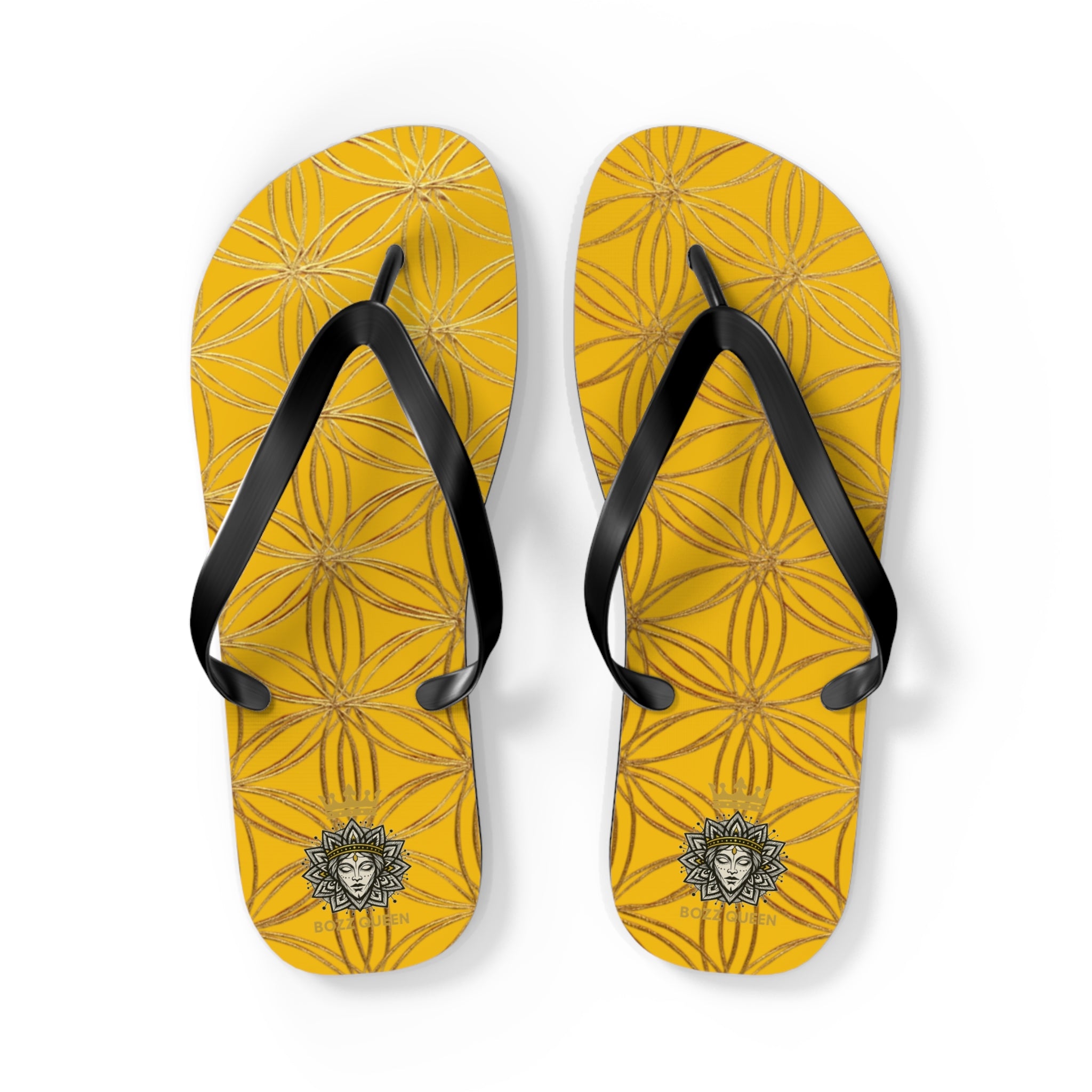 Bozz Queen Yellow & Gold Flower of Life Flip Flops - Elegant Beach Sandals