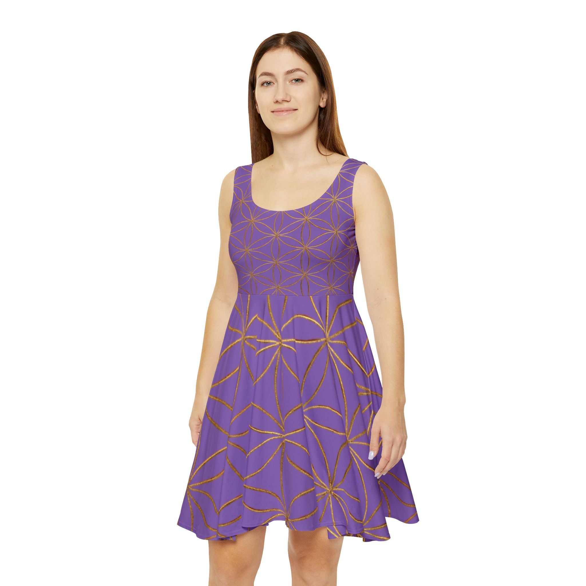 Light Purple Flower of Life Skater Dress - Women's Floral Gold Print Summer Dress