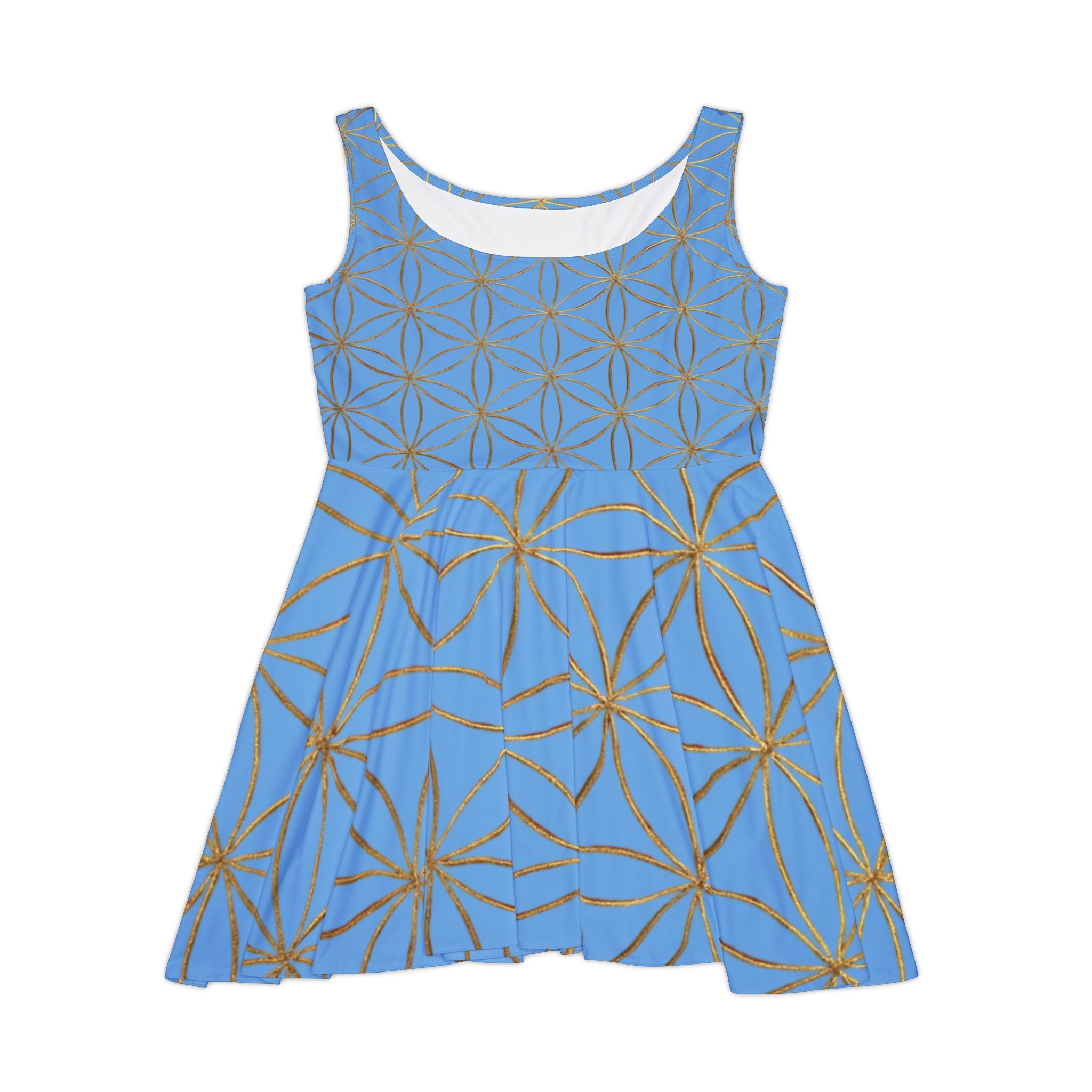Light Blue Flower of Life Skater Dress - Women's Floral Gold Print Summer Dress