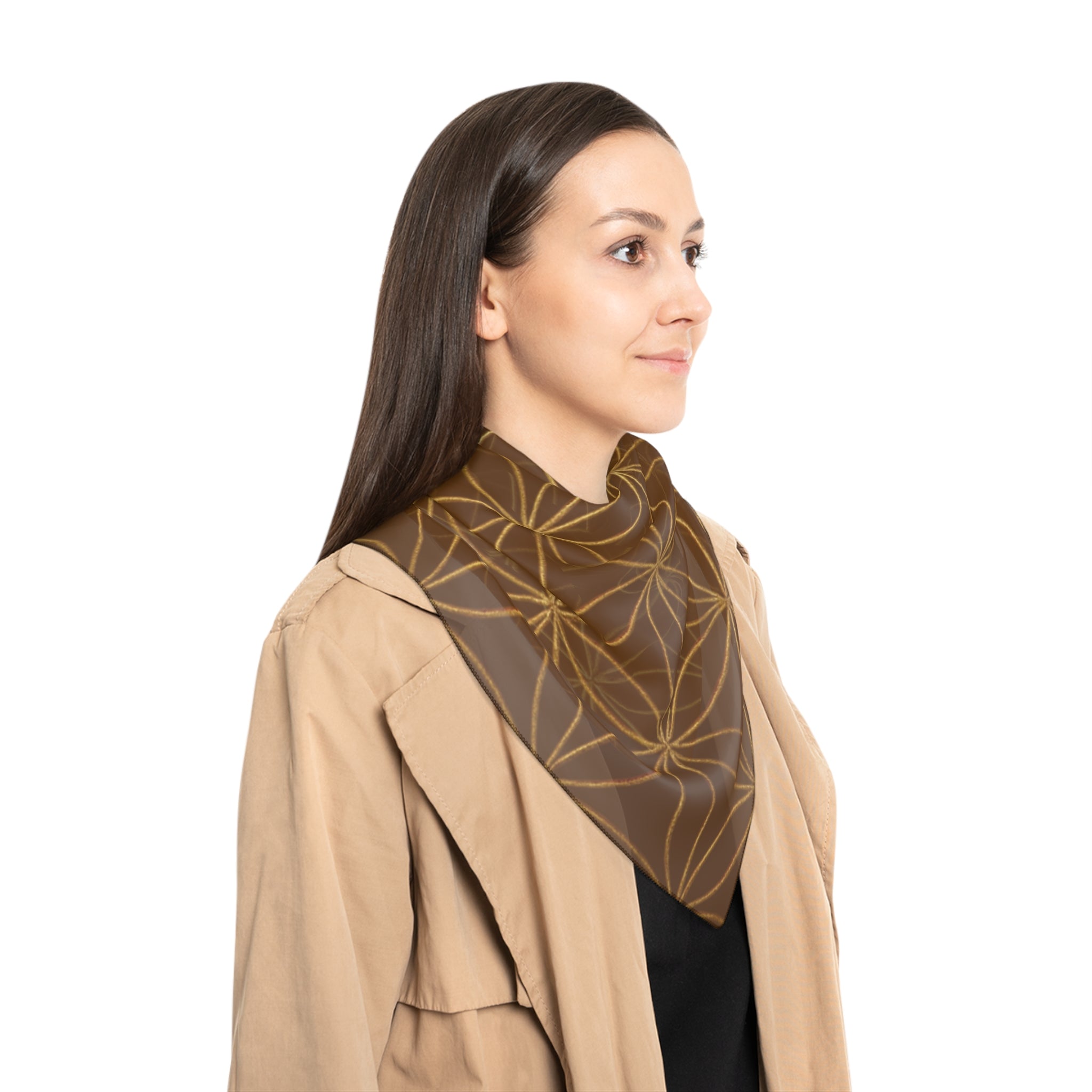 Bozz Queen Flower of Life Scarf - Brown & Gold Elegant Lightweight Poly Scarf