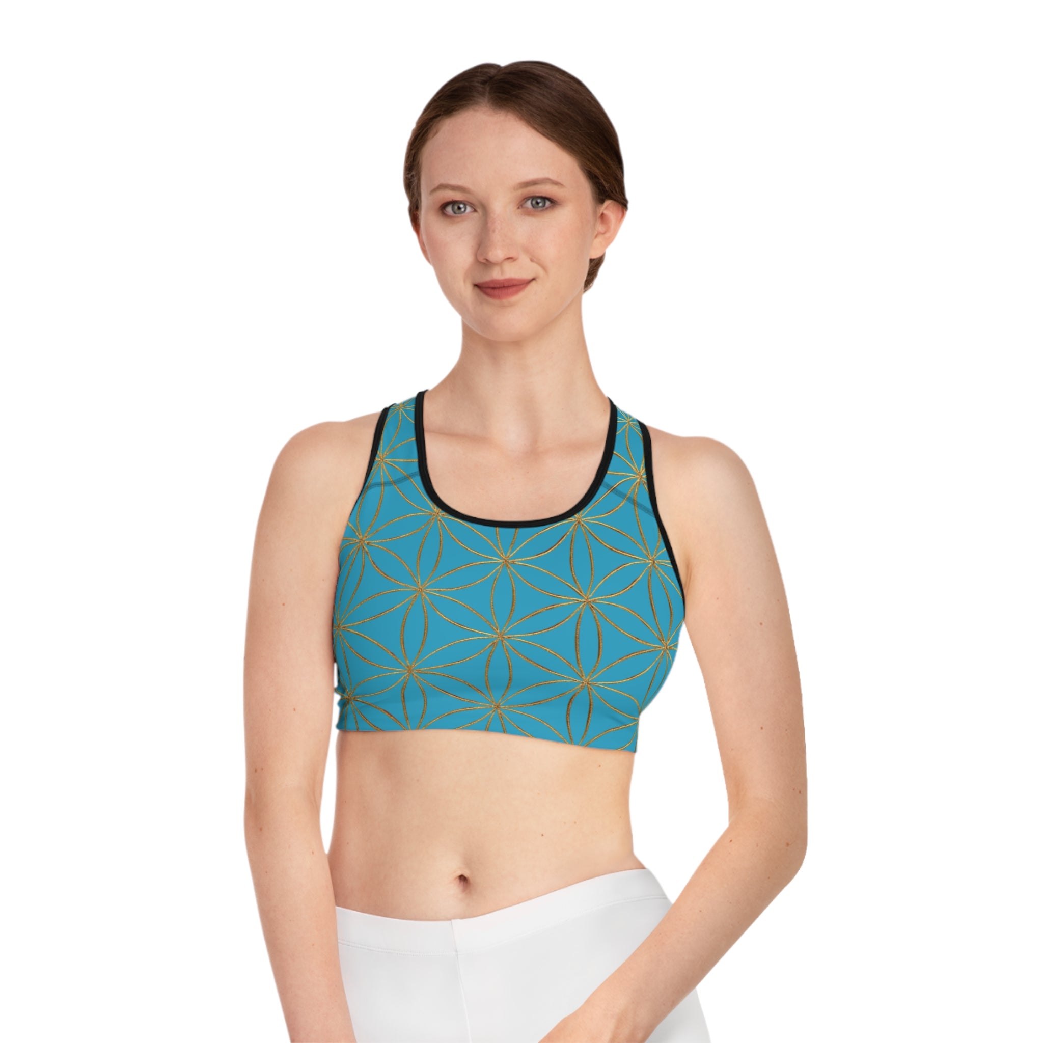 Bozz Queen Turquoise & Gold Flower of Life Sports Bra - Yoga Workout Top