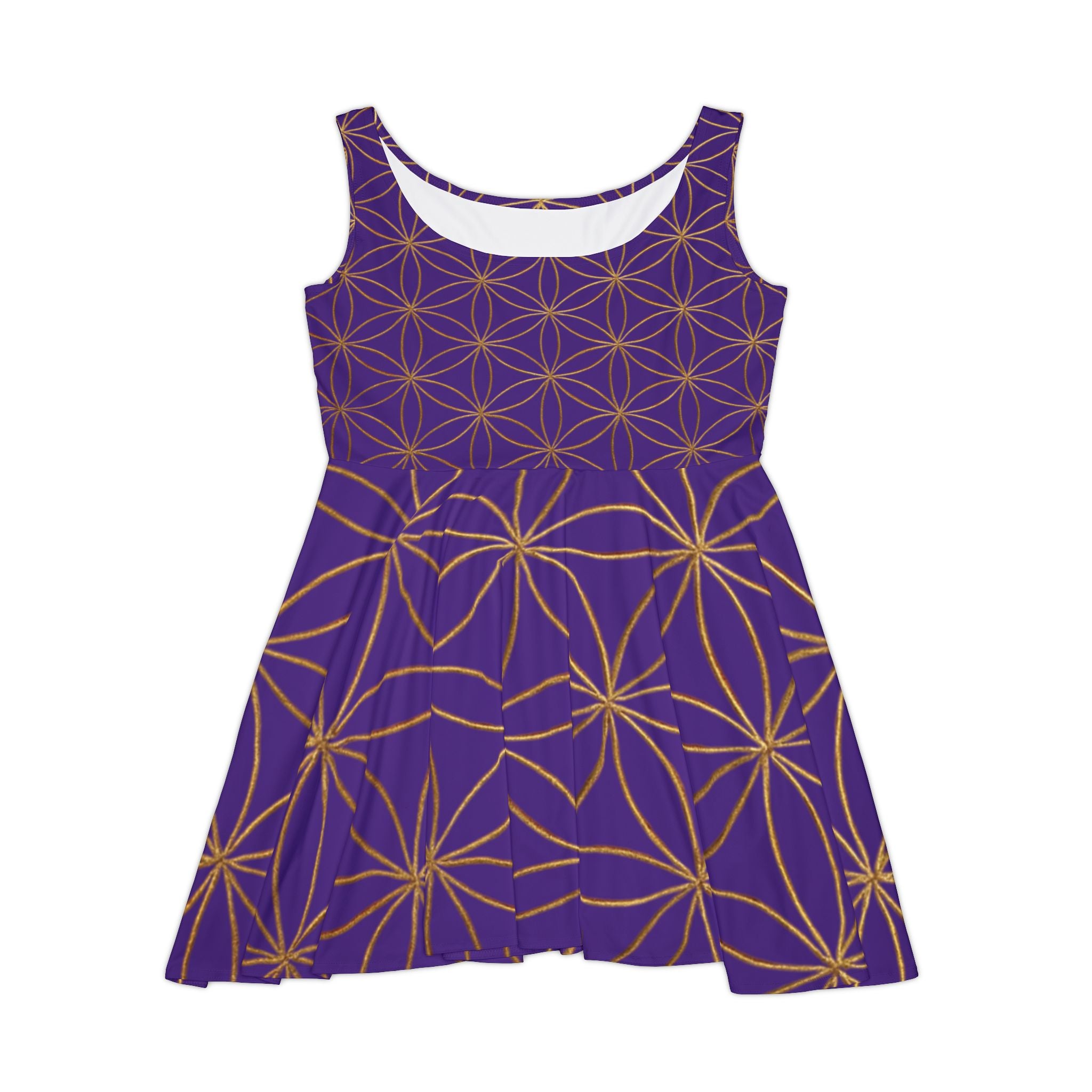 Purple Flower of Life Skater Dress - Women's Floral Gold Print Summer Dress