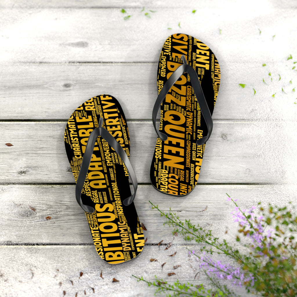Bozz Queen Black & Gold Bold Statement Flip Flops - Tropical Beach Sandals