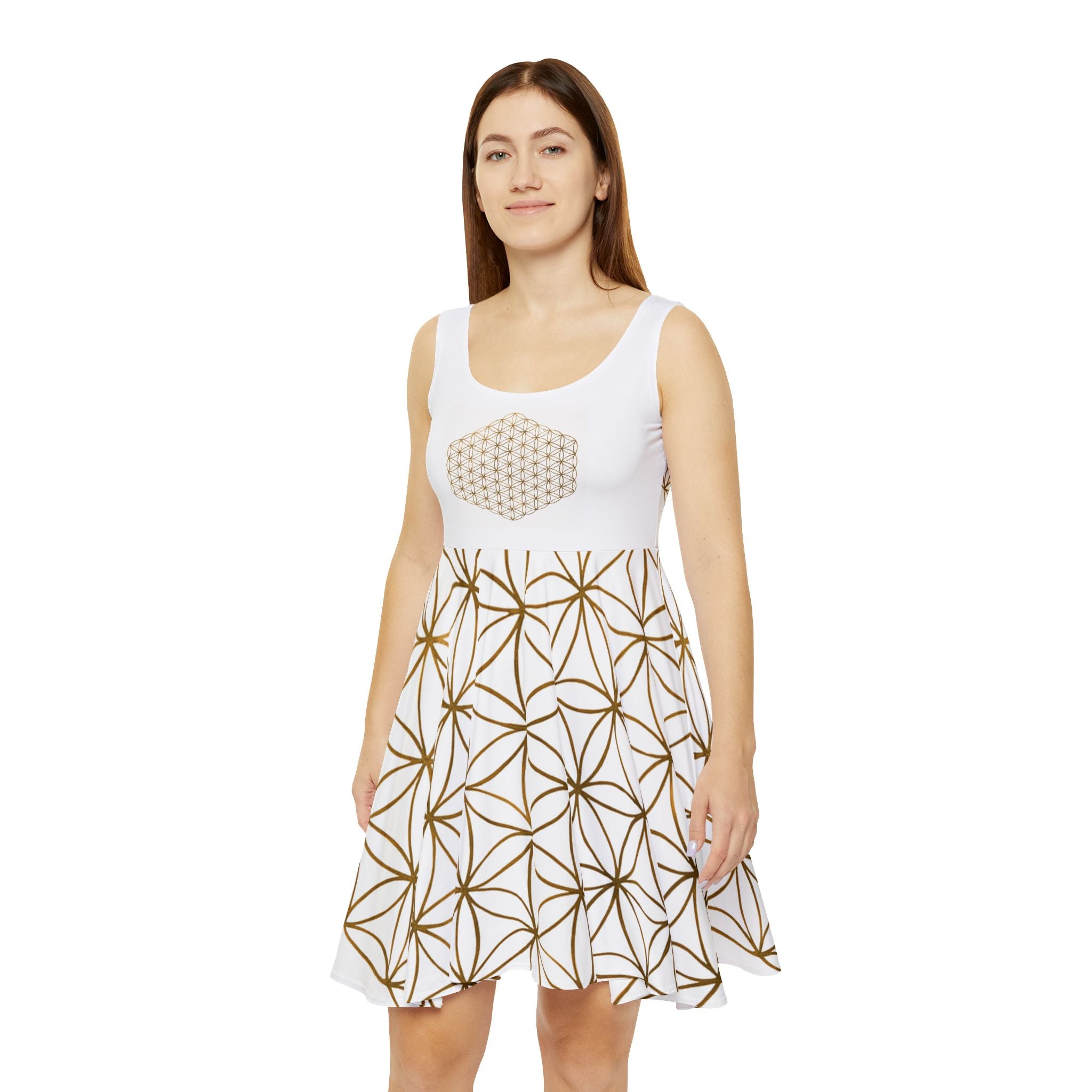 White Gold Flower of Life Skater Dress - Women's Stylish Party & Casual Dress