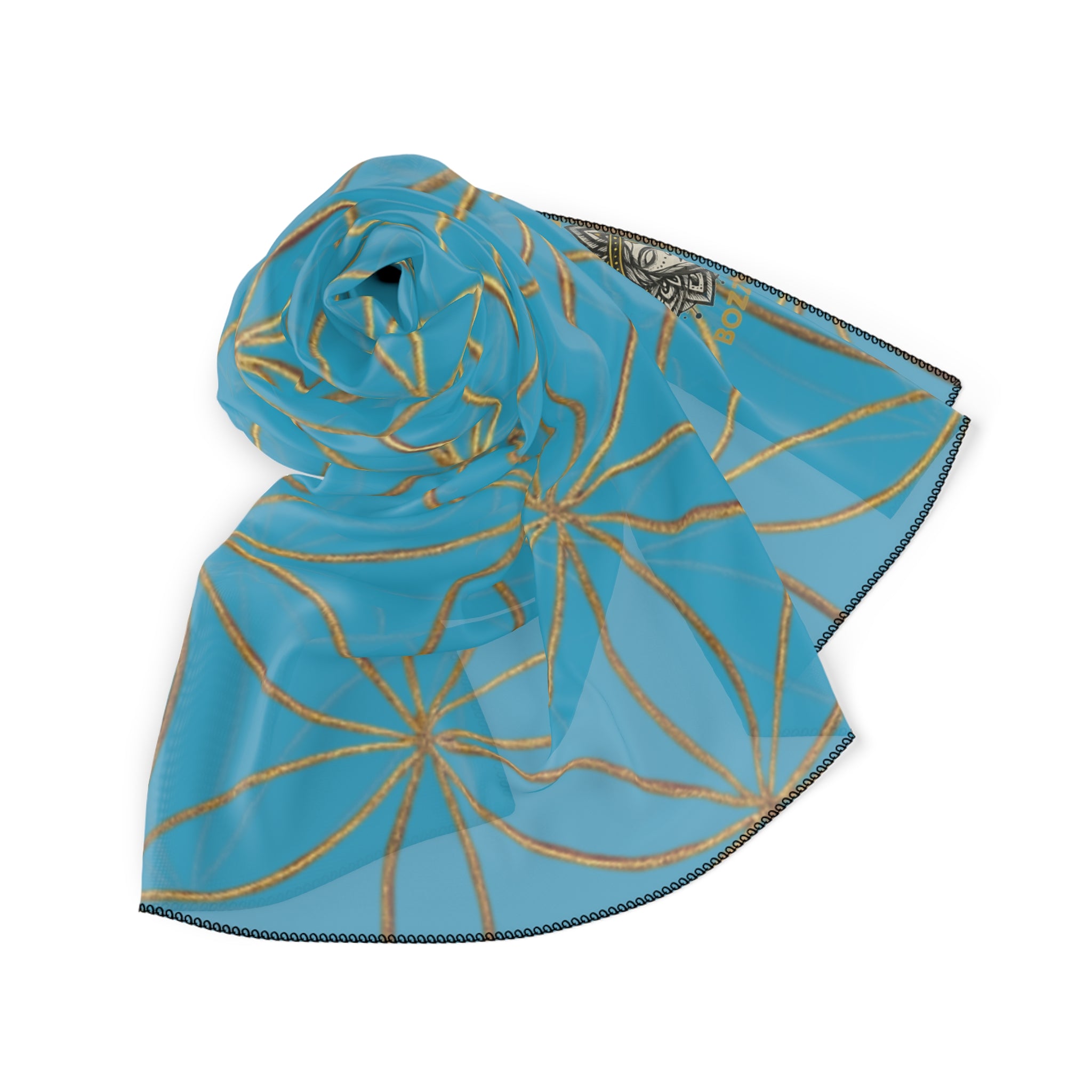Turquoise and golden Flower of Life Elegant Floral Poly Scarf, Boho Chic Accessory, Perfect for Spring, Mother's Day Gift, Versatile Fashion Scarf, Lightweight Wrap