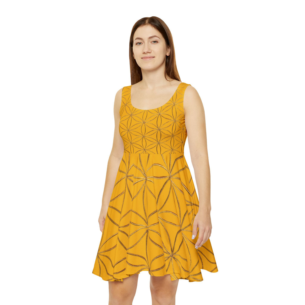 Yellow Flower of Life Skater Dress - Women's Floral Gold Print Summer Dress