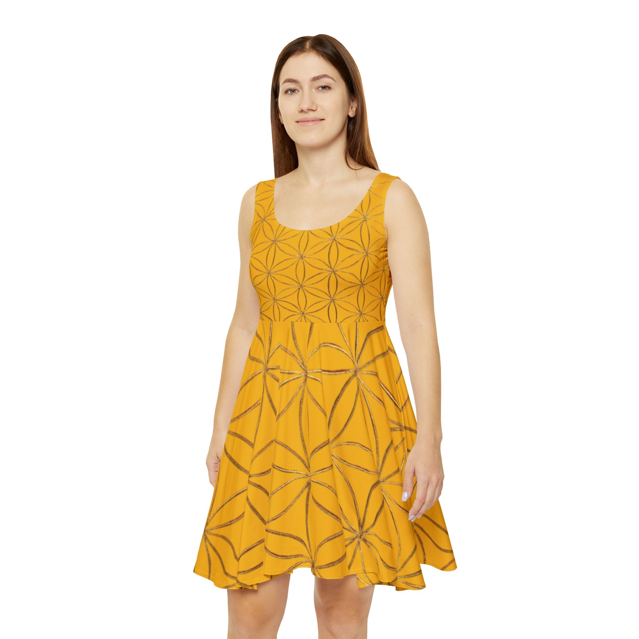 Yellow Flower of Life Skater Dress - Women's Floral Gold Print Summer Dress
