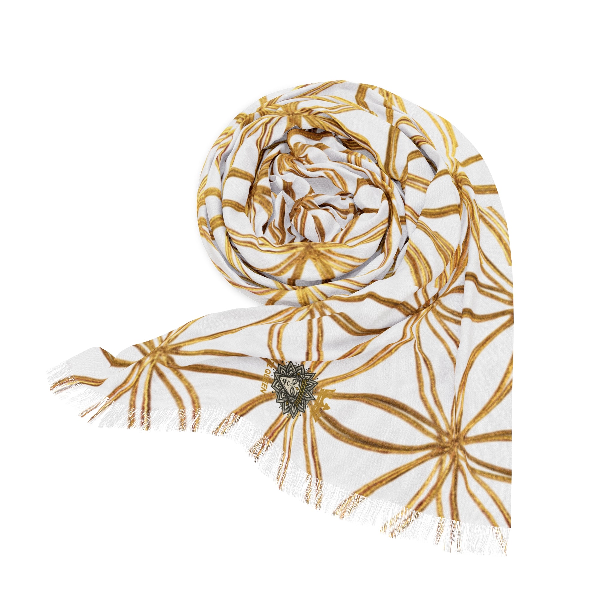 Bozz Queen Flower of Life Scarf - White & Gold Elegant Lightweight Poly Scarf