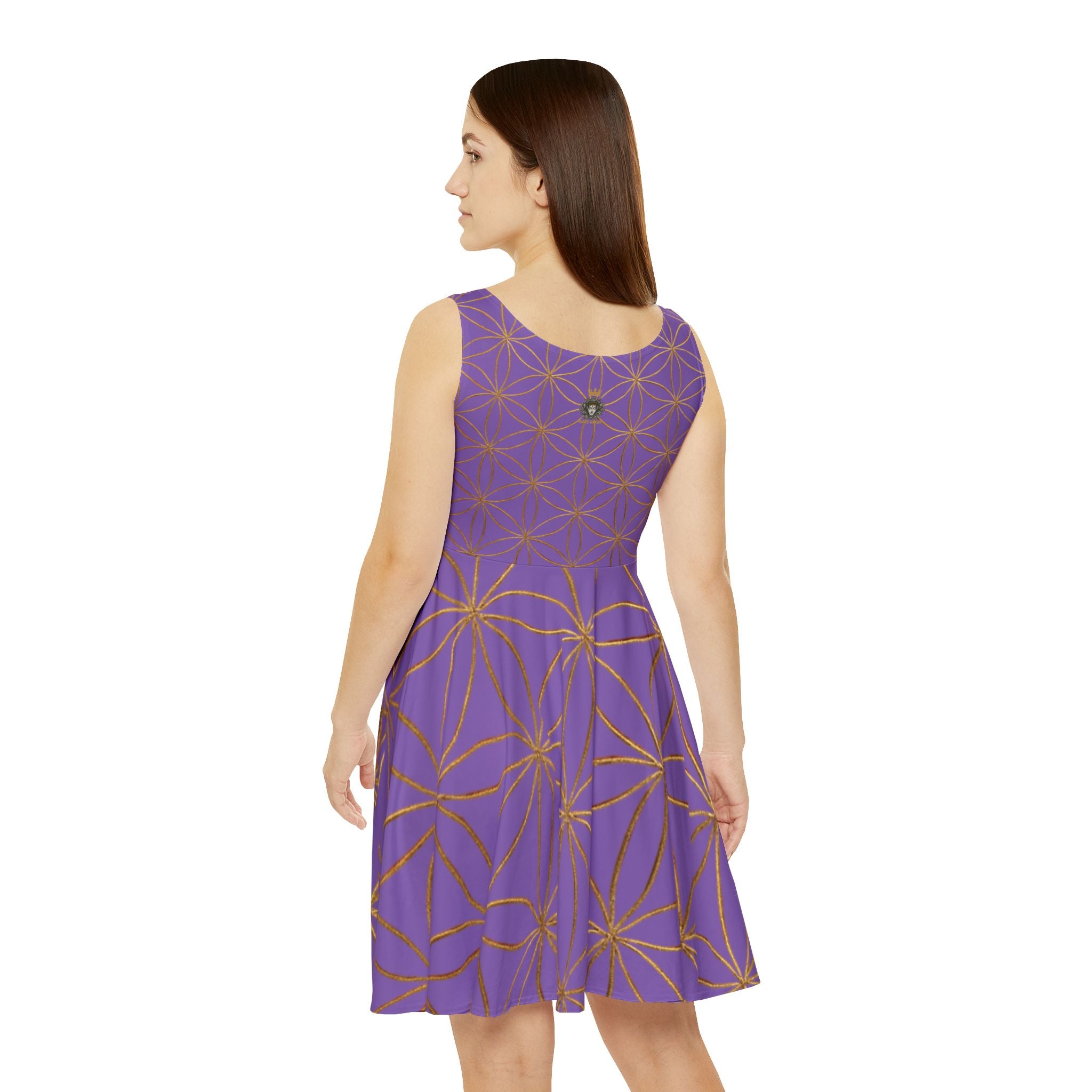Light Purple Flower of Life Skater Dress - Women's Floral Gold Print Summer Dress