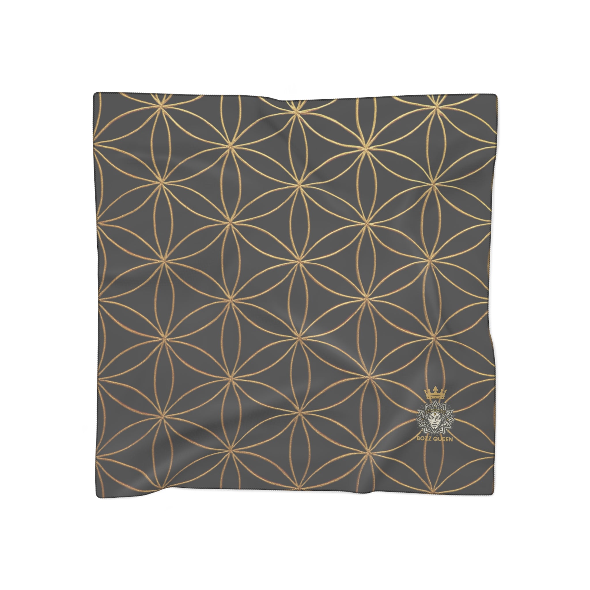 Bozz Queen Flower of Life Scarf - Black & Gold Elegant Lightweight Poly Scarf