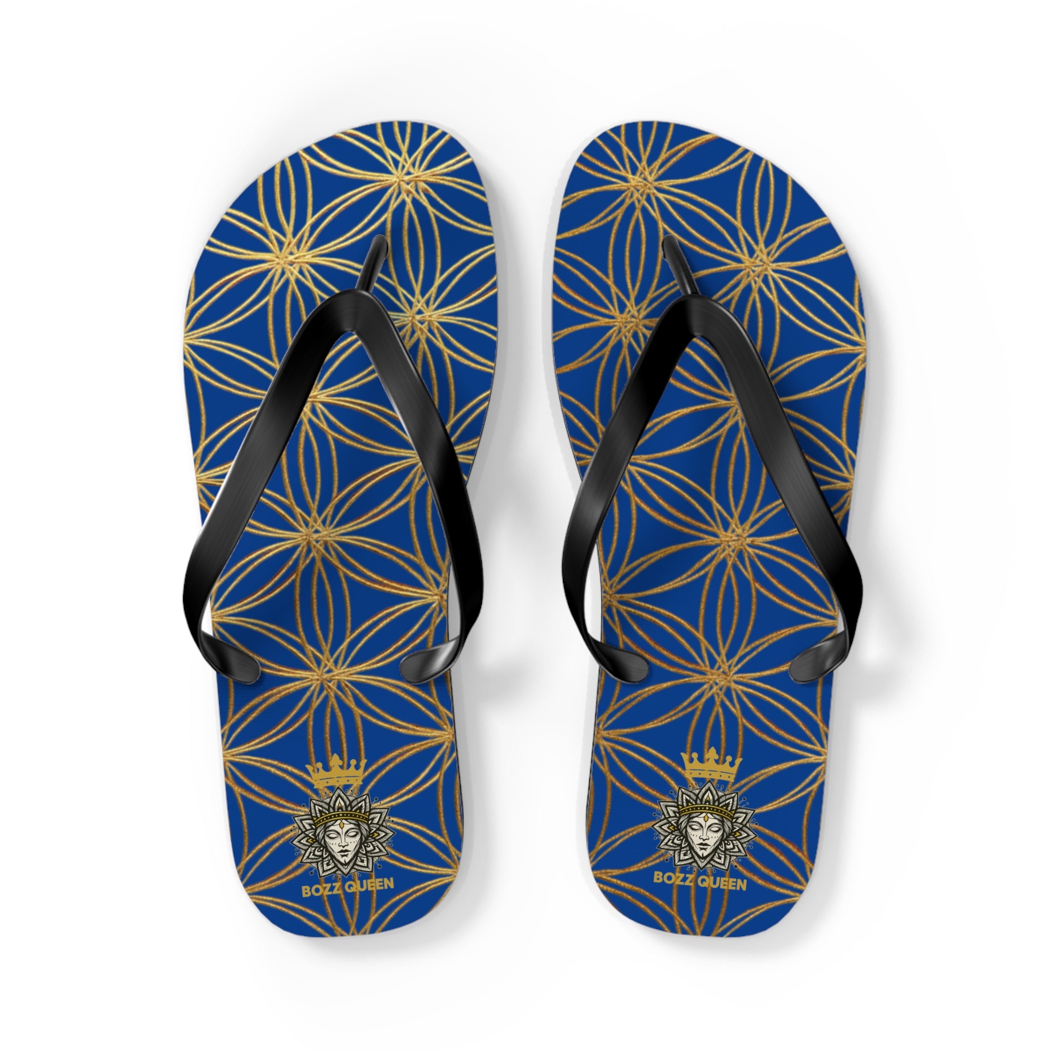 Bozz Queen Dark Blue & Gold Flower of Life Flip Flops - Elegant Beach Sandals