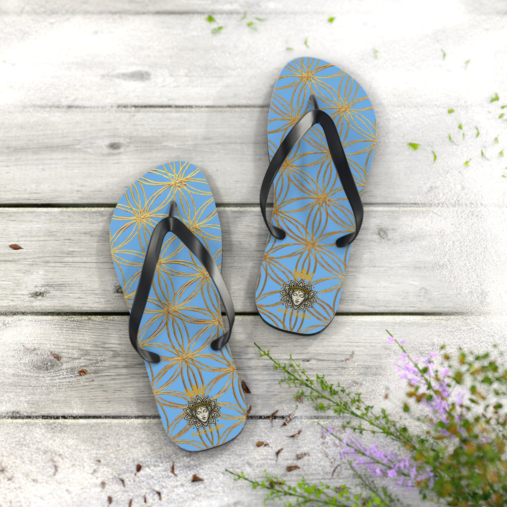Bozz Queen Light Blue & Gold Flower of Life Flip Flops - Elegant Beach Sandals