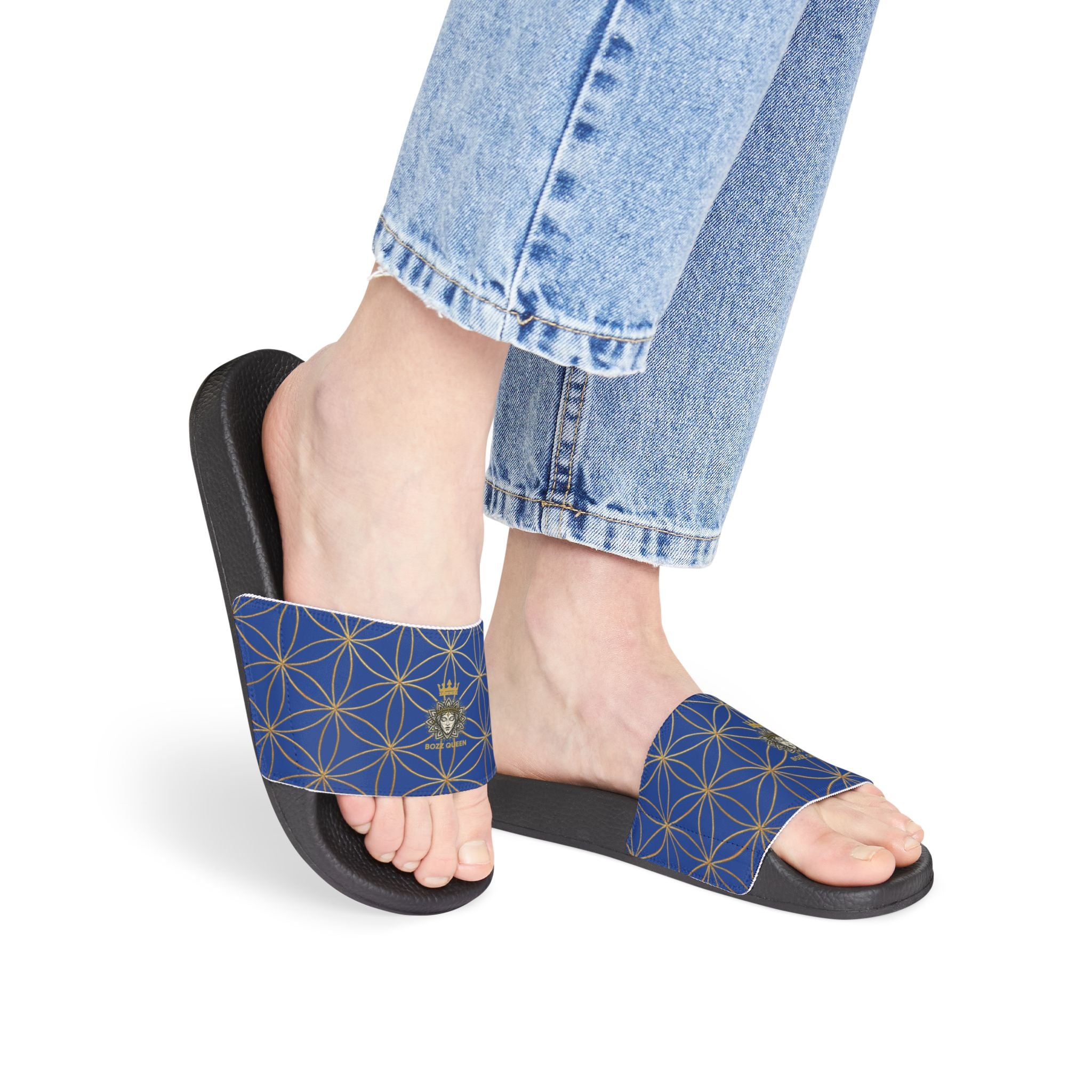 Bozz Queen Dark Blue Flower of Life Women's Sandals - Removable Strap Beach Slides