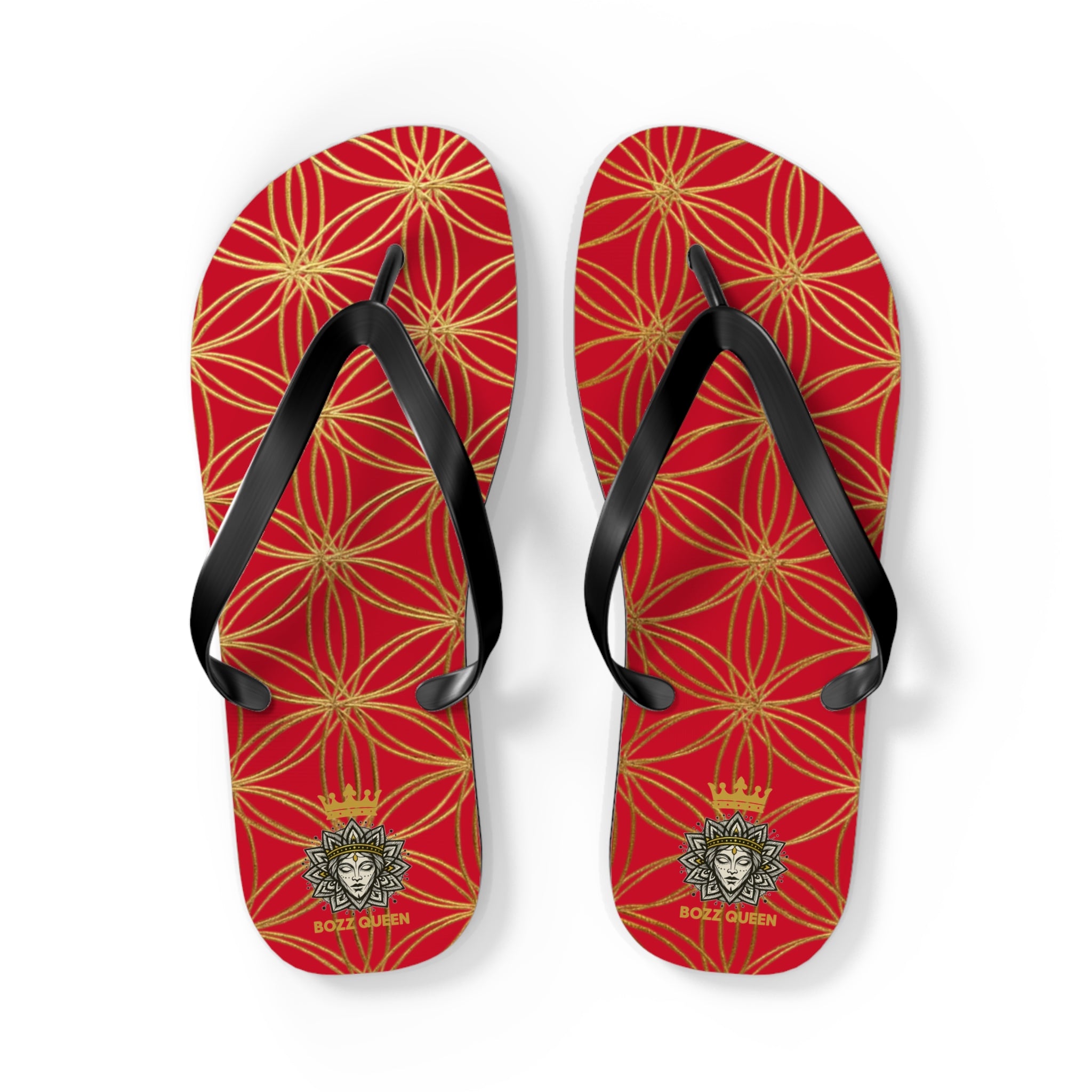 Bozz Queen Dark Red & Gold Flower of Life Flip Flops - Elegant Beach Sandals