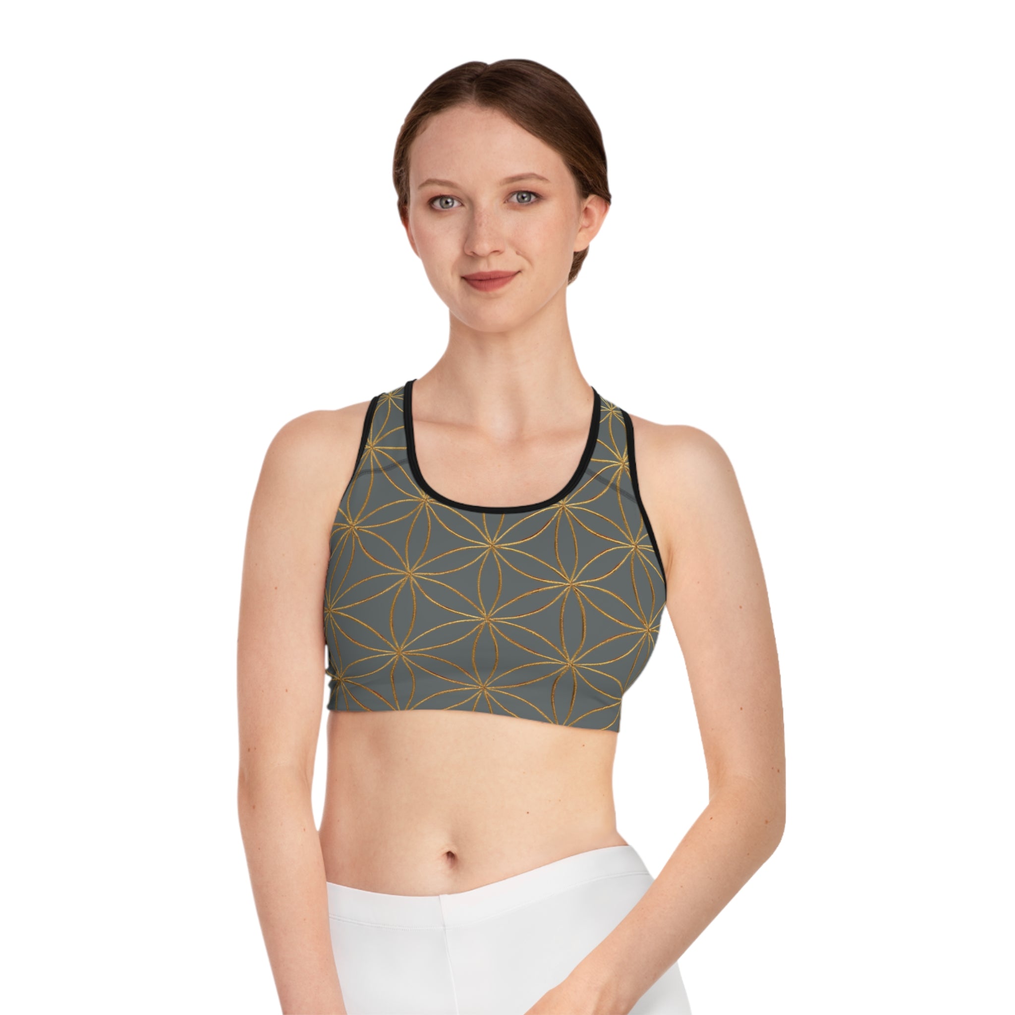 Bozz Queen Dark Grey & Gold Flower of Life Sports Bra - Yoga Workout Top