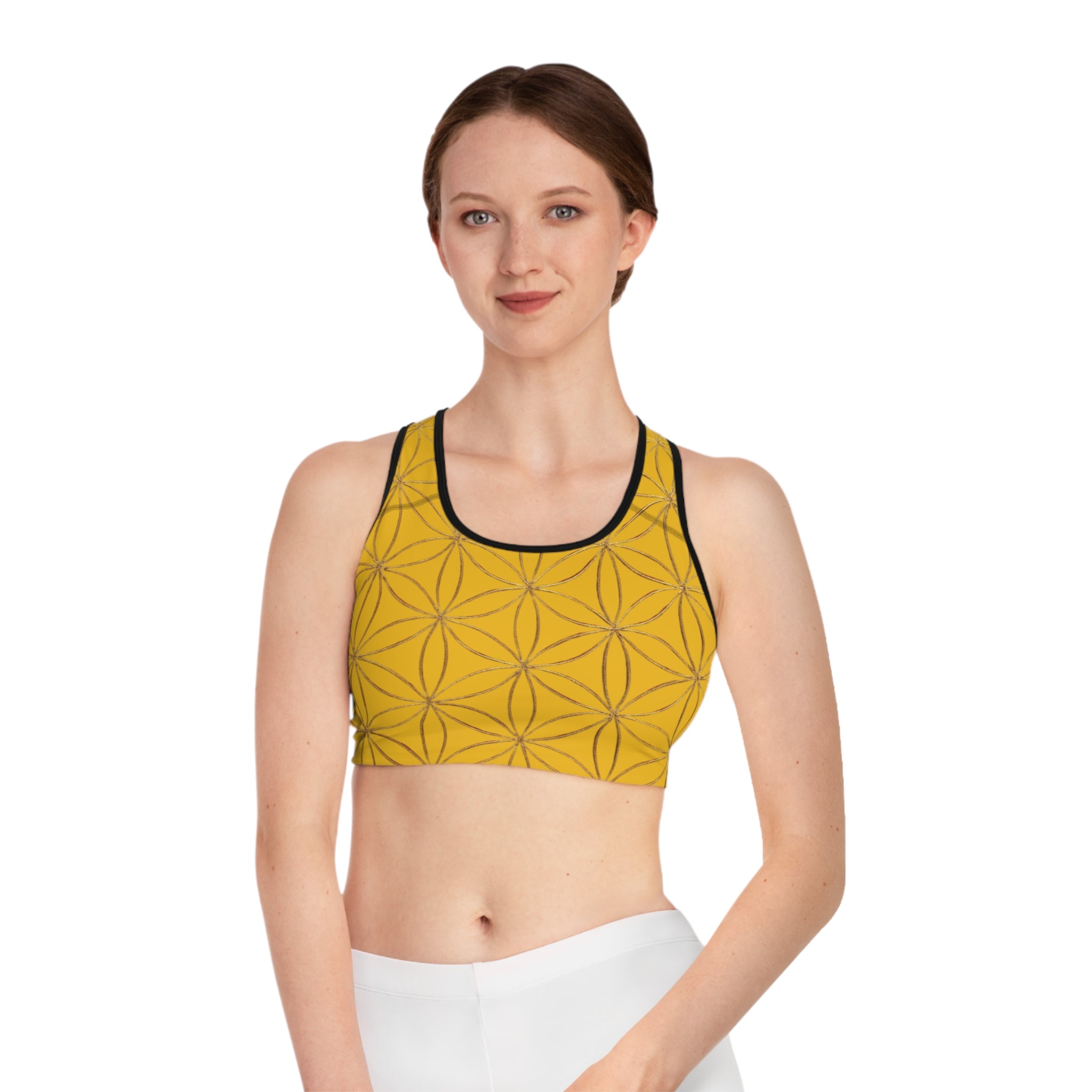 Bozz Queen Yellow & Gold Flower of Life Sports Bra - Yoga Workout Top