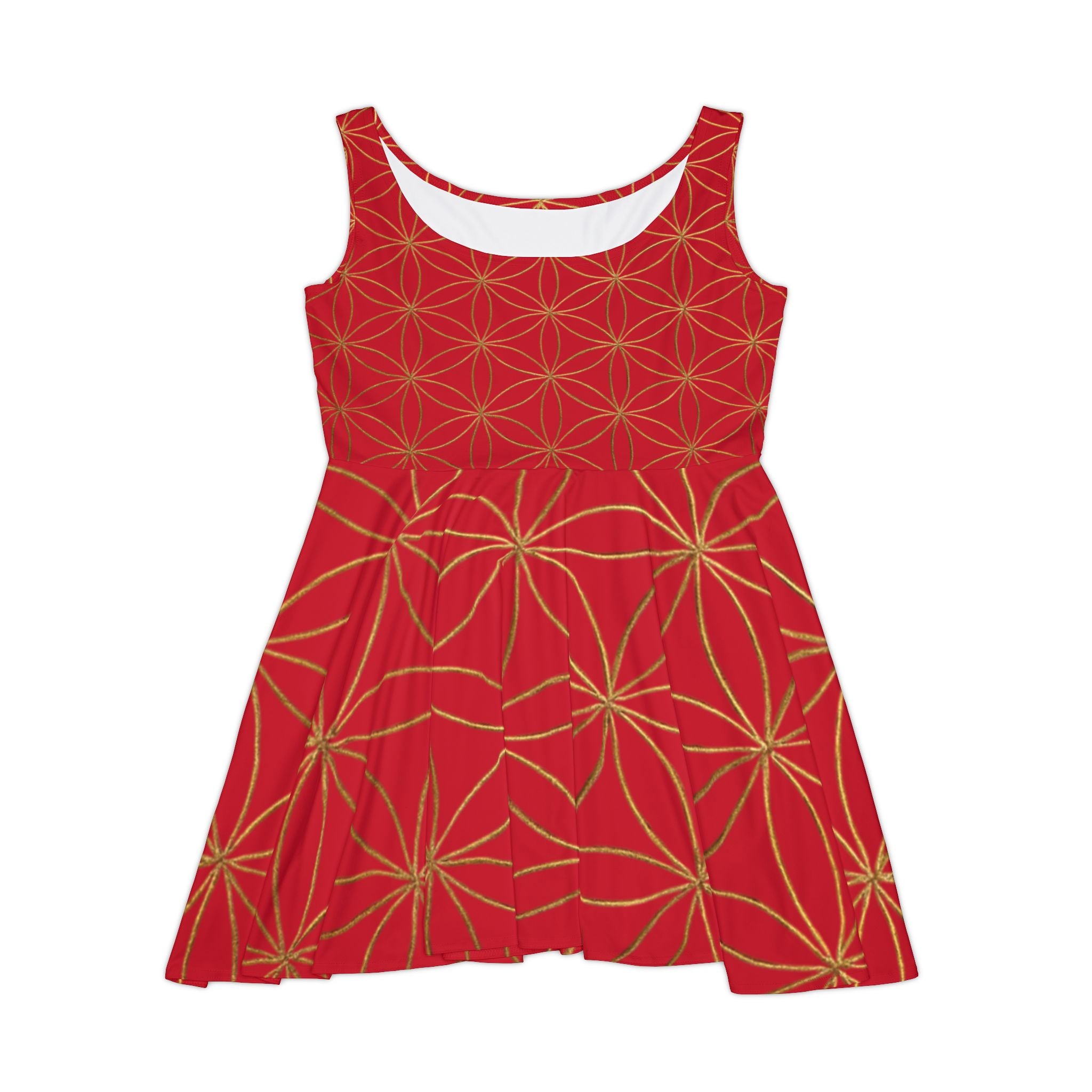 Dark Red Flower of Life Skater Dress - Women's Floral Gold Print Summer Dress