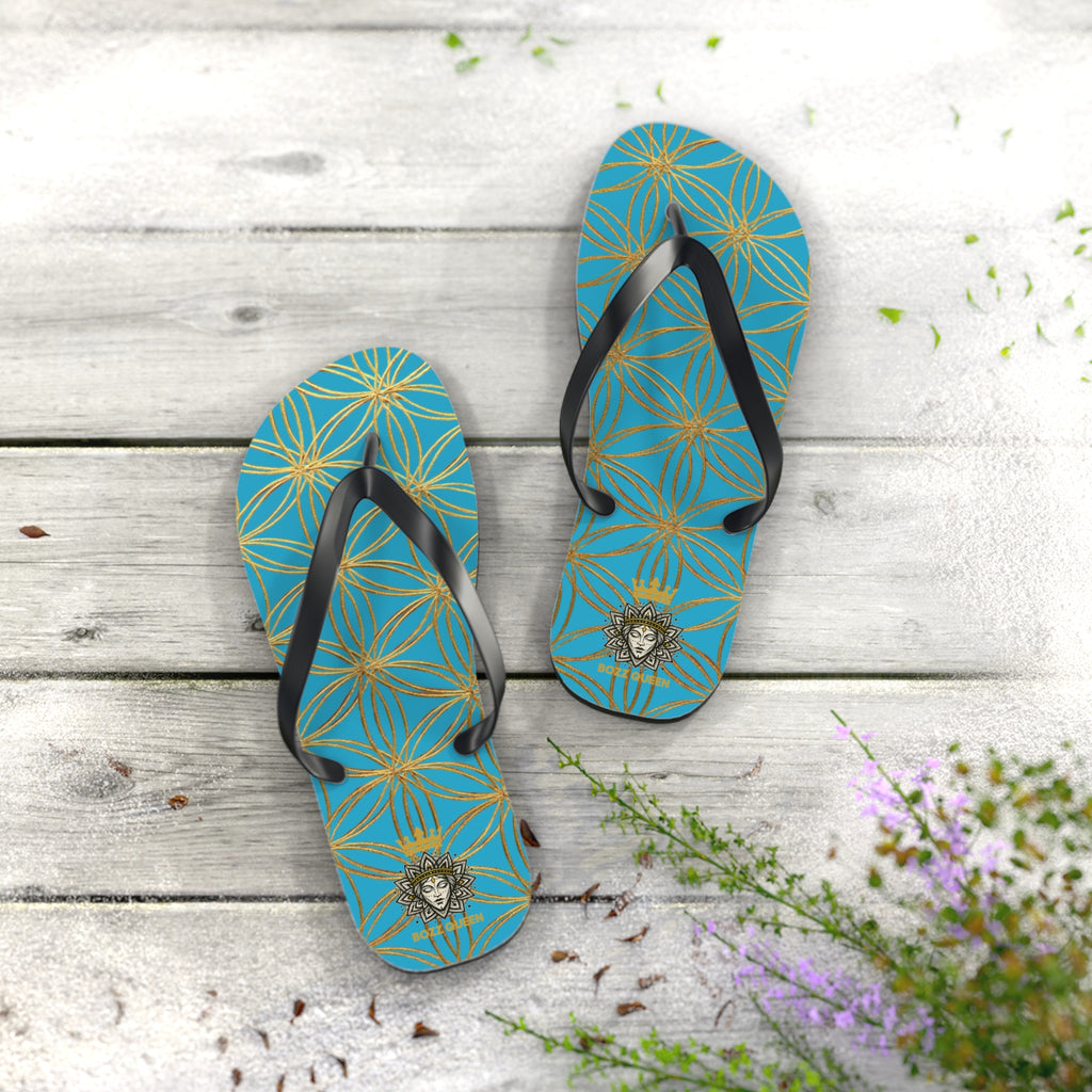 Bozz Queen Turquoise & Gold Flower of Life Flip Flops - Elegant Beach Sandals