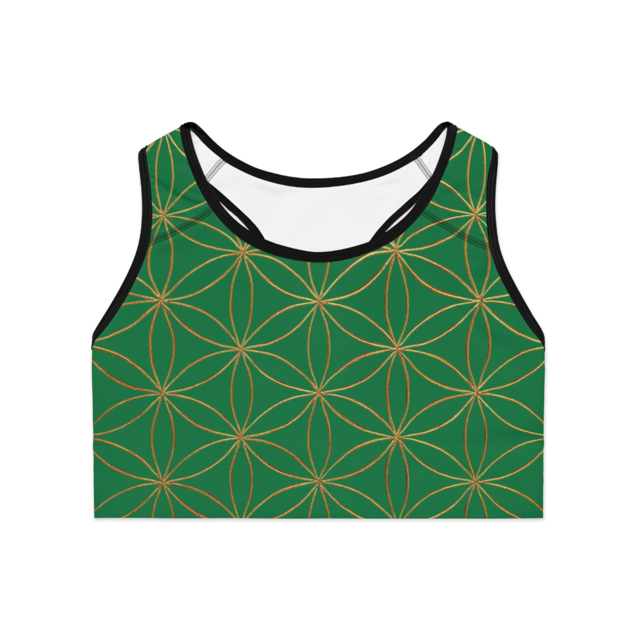 Bozz Queen Dark Green & Gold Flower of Life Sports Bra - Yoga Workout Top