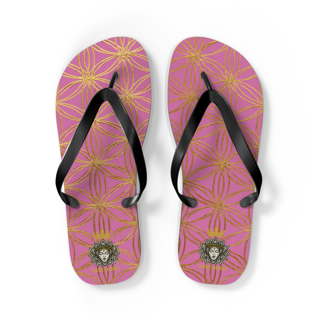 Bozz Queen Light Pink & Gold Flower of Life Flip Flops - Elegant Beach Sandals